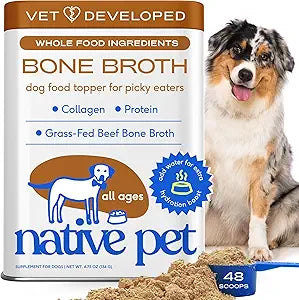 Native Pet Bone Broth for Dogs - Made with Real Grass-Fed Beef, Dog Food Toppers for Picky Eaters - Hydration & Nutrition for Joint Health, 48 Scoops