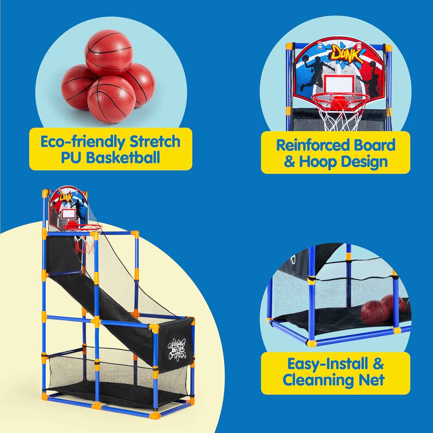 JOYIN Arcade Basketball Game Set with 4 Balls and Hoop for Kids 3 to 12 Years Old Indoor Outdoor Sport Play - Easy Set Up - Air Pump Included - Ideal for Competition