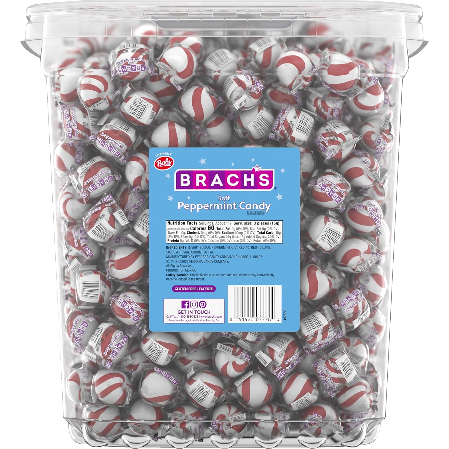 brachs bobs sweet stripes soft peppermint candy, individually wrapped pieces, 3.9 lb tub