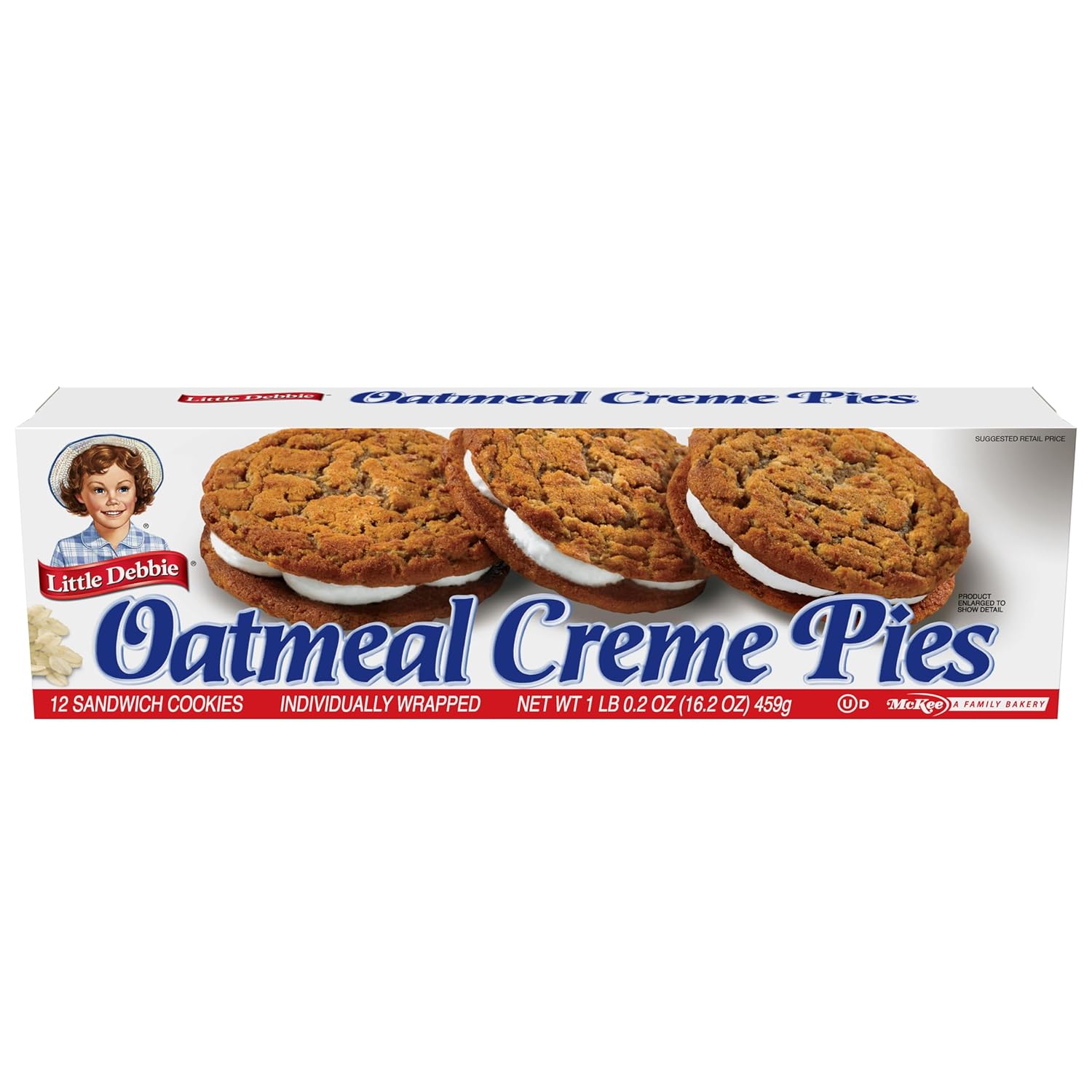 Little Debbie oatmeal crème pies, individually wrapped sandwich cookies, 12 count, 16.2 oz box