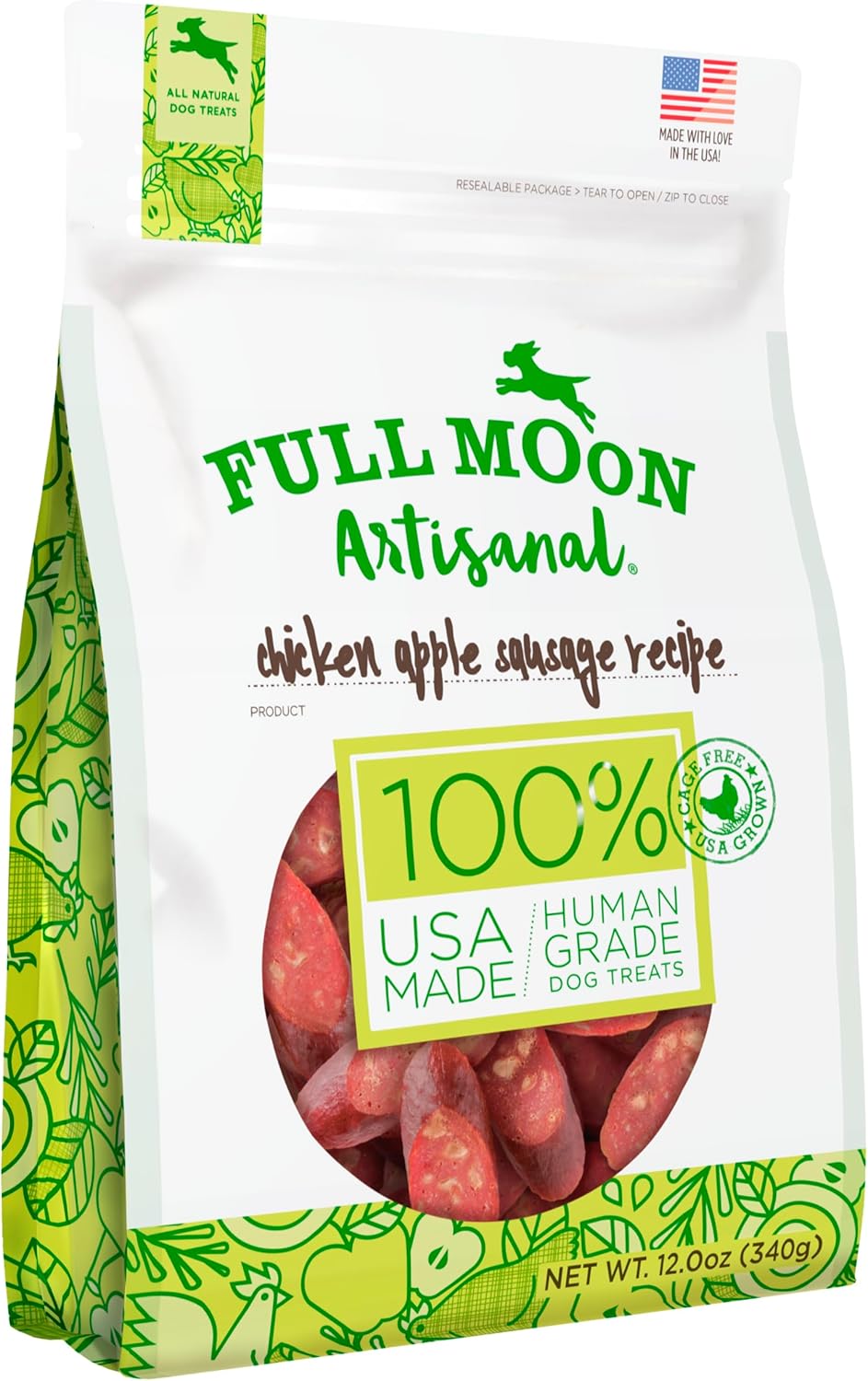 full moon usa crafted all natural chicken apple sausage 12.0 oz for dogs