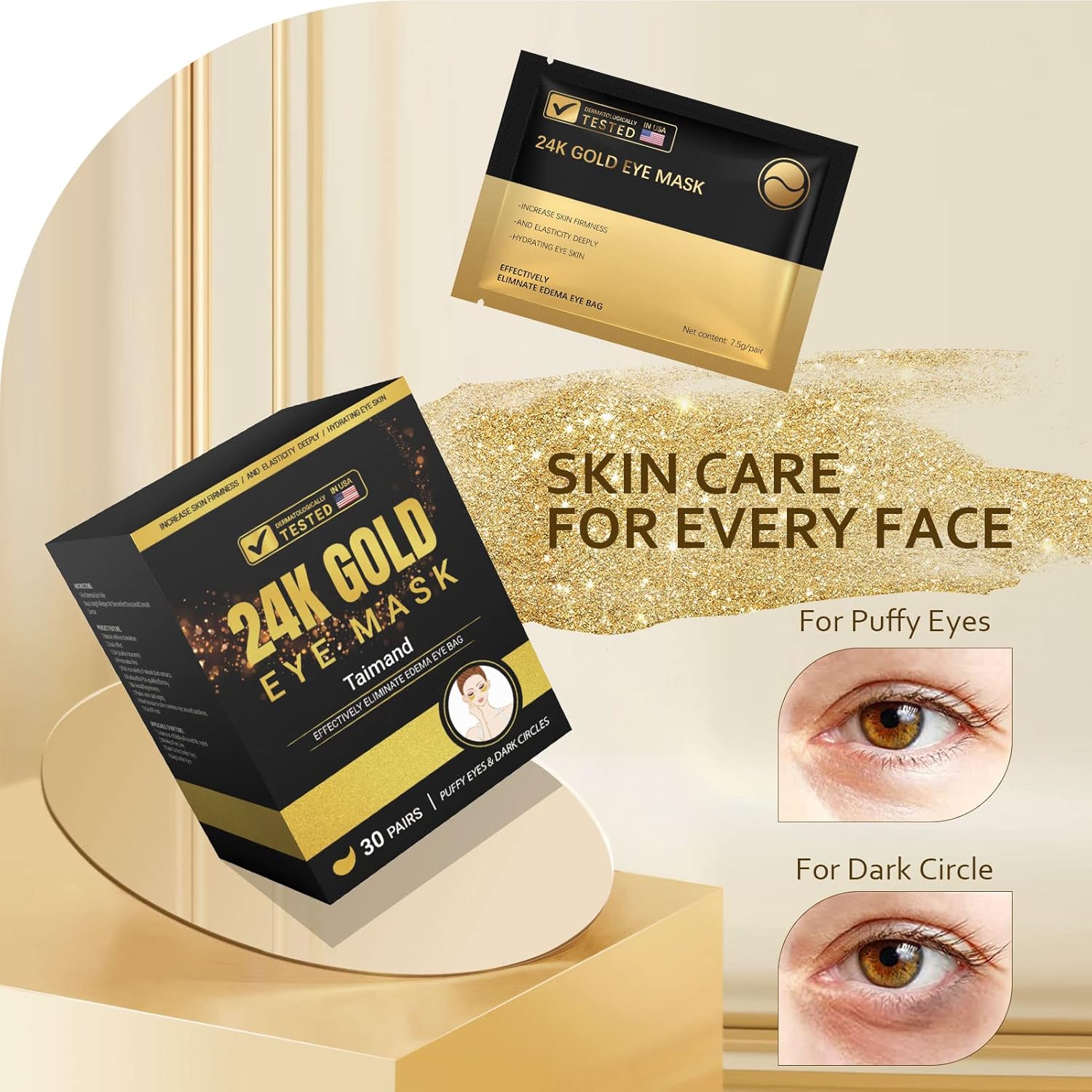 24K Gold Under Eye Patches (30 Pairs) for Puffy Eyes, Dark Circles, Wrinkles and Skin Revitalisation