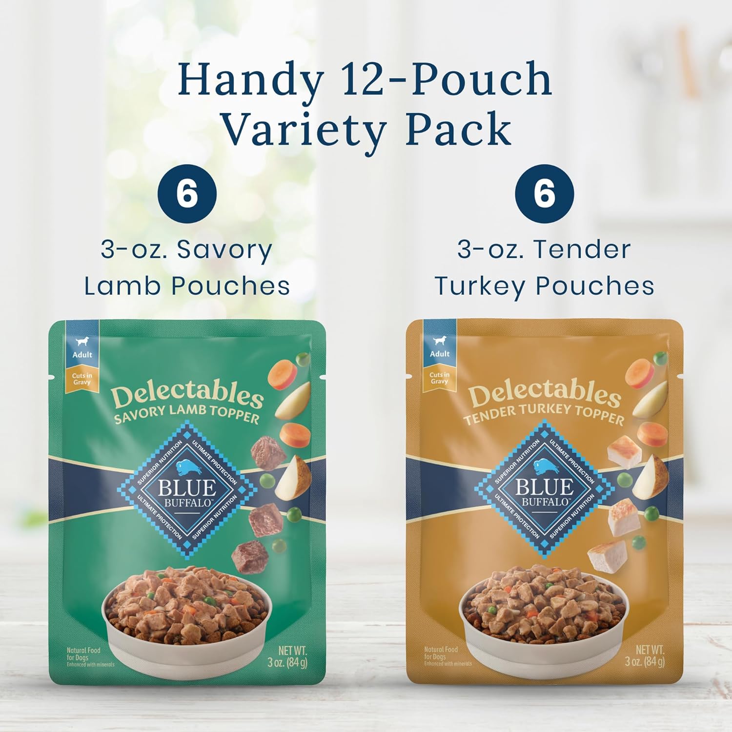 Blue Buffalo Delectables Natural Wet Dog Food Topper Variety Pack, Lamb & Turkey Dinner, 3oz, 12-Pack, 6-Flavor Assortment