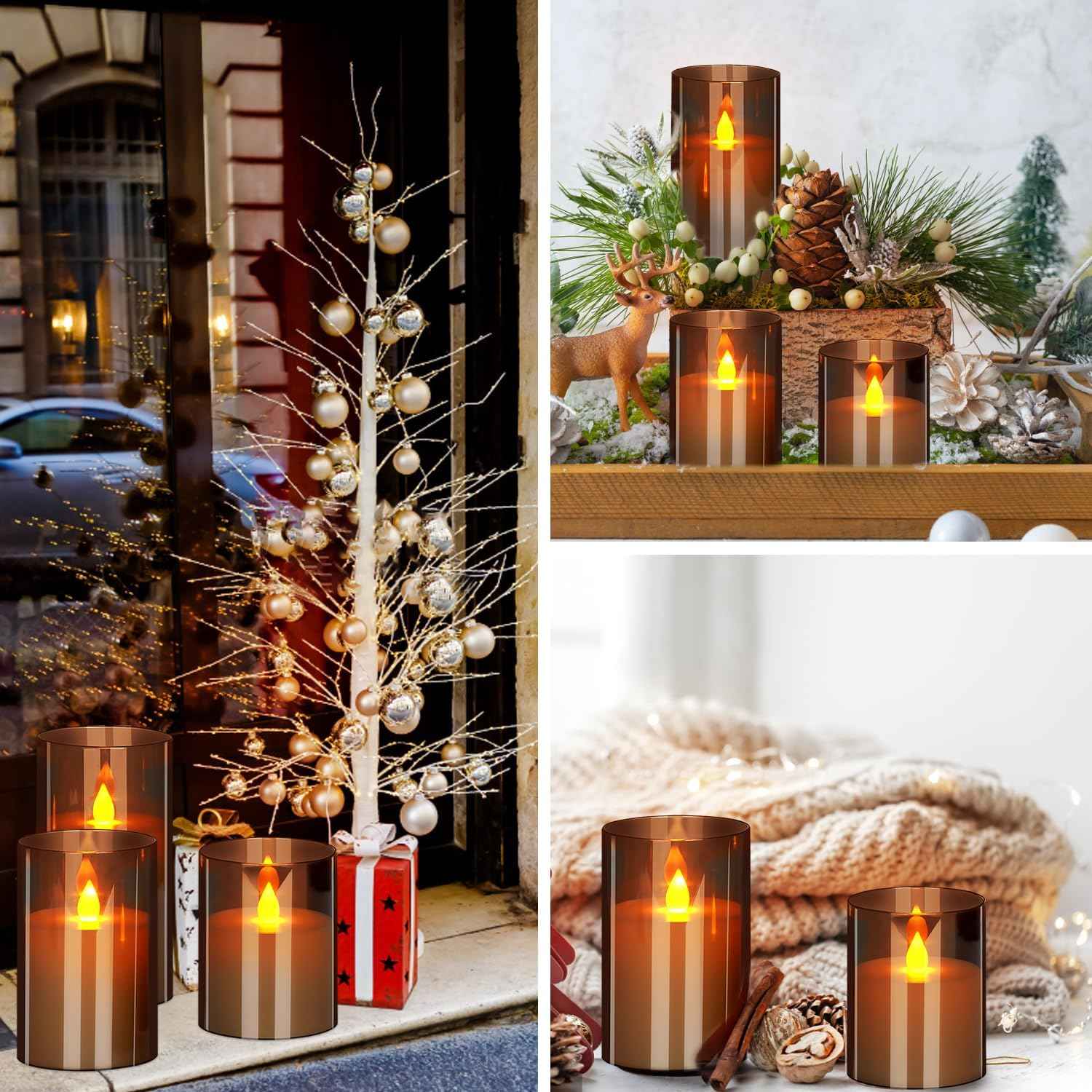 Flameless Candles 4" 5" 6" Set of 3 Acrylic Glass Pillars 3" Diameter Battery Operated Flickering Candles Include 10-Key Remote with Timer Function 400+ Hours (Gray, Warm Light 3 Pack)
