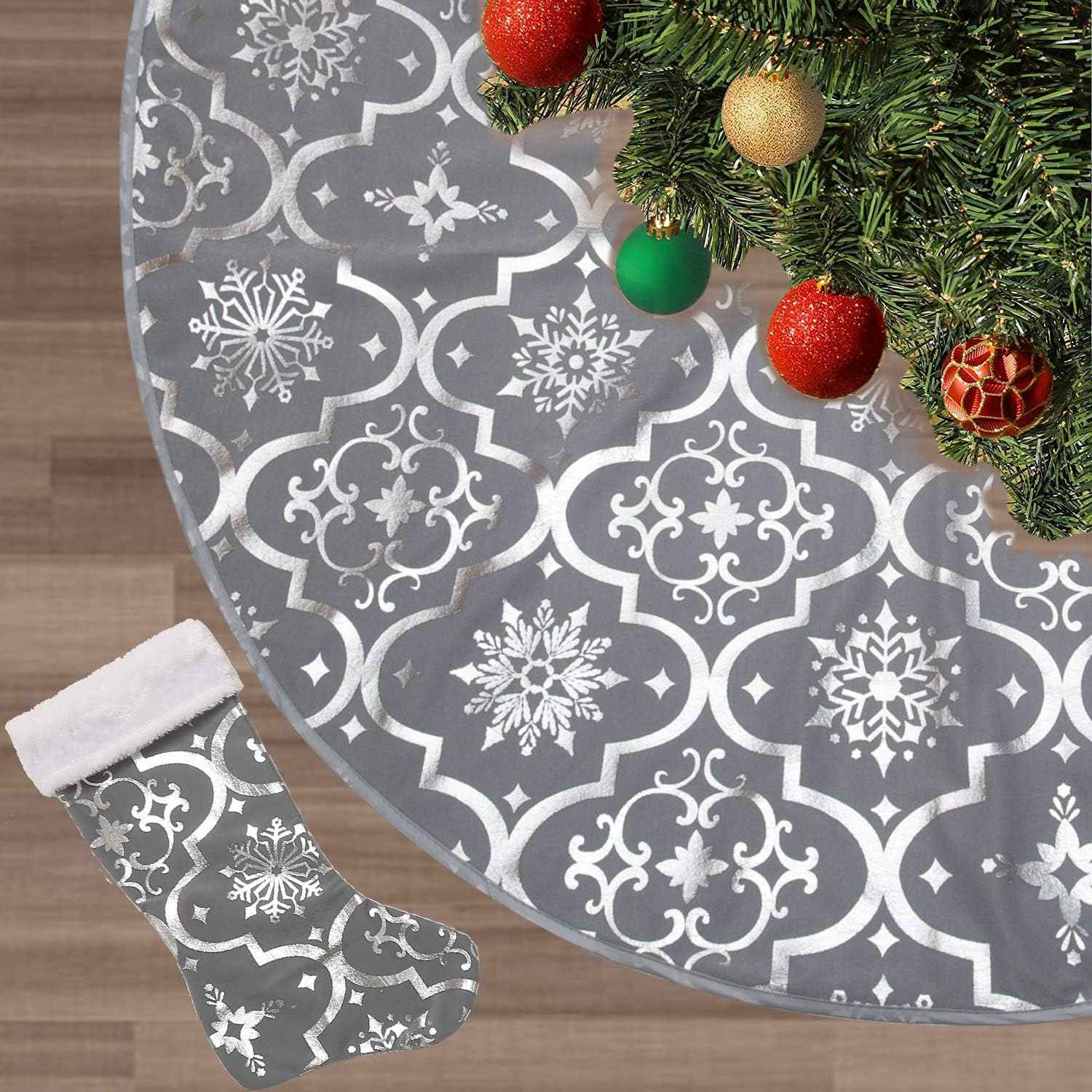 Flash World 48 Inch Large Christmas Tree Skirt Xmas Soft Cover Mat Decor Snowflake Collar Farmhouse Tree Skirt for Holiday Ornaments Party Home Indoor Decorations (Red, 48INCH)