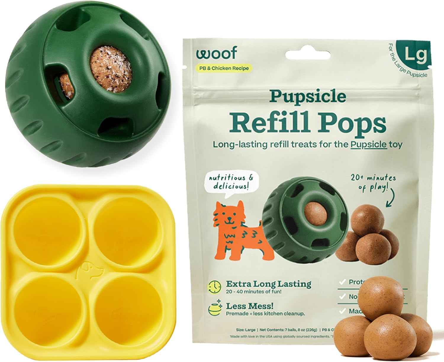WOOF Starter Pack - Interactive Dog Toys for Boredom - Dog Treat Molds Silicone - Chicken-Flavored Healthy Treats for Dogs - Pupsicle Doggy Enrichment Toy - for Small Pups - 10-25 lbs