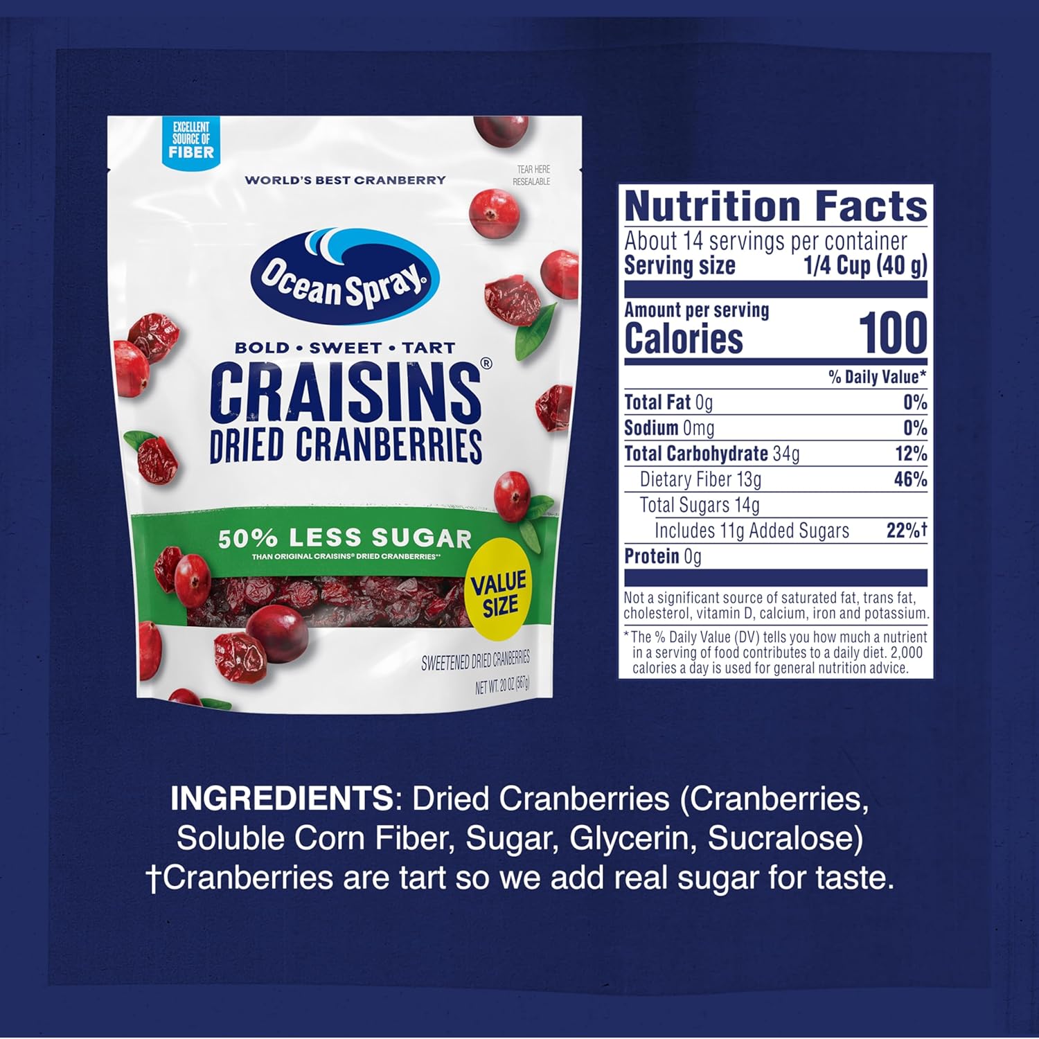 Ocean Spray Craisins 50% Less Sugar Dried Cranberries, 20 Oz Resealable Value Pack Pouch