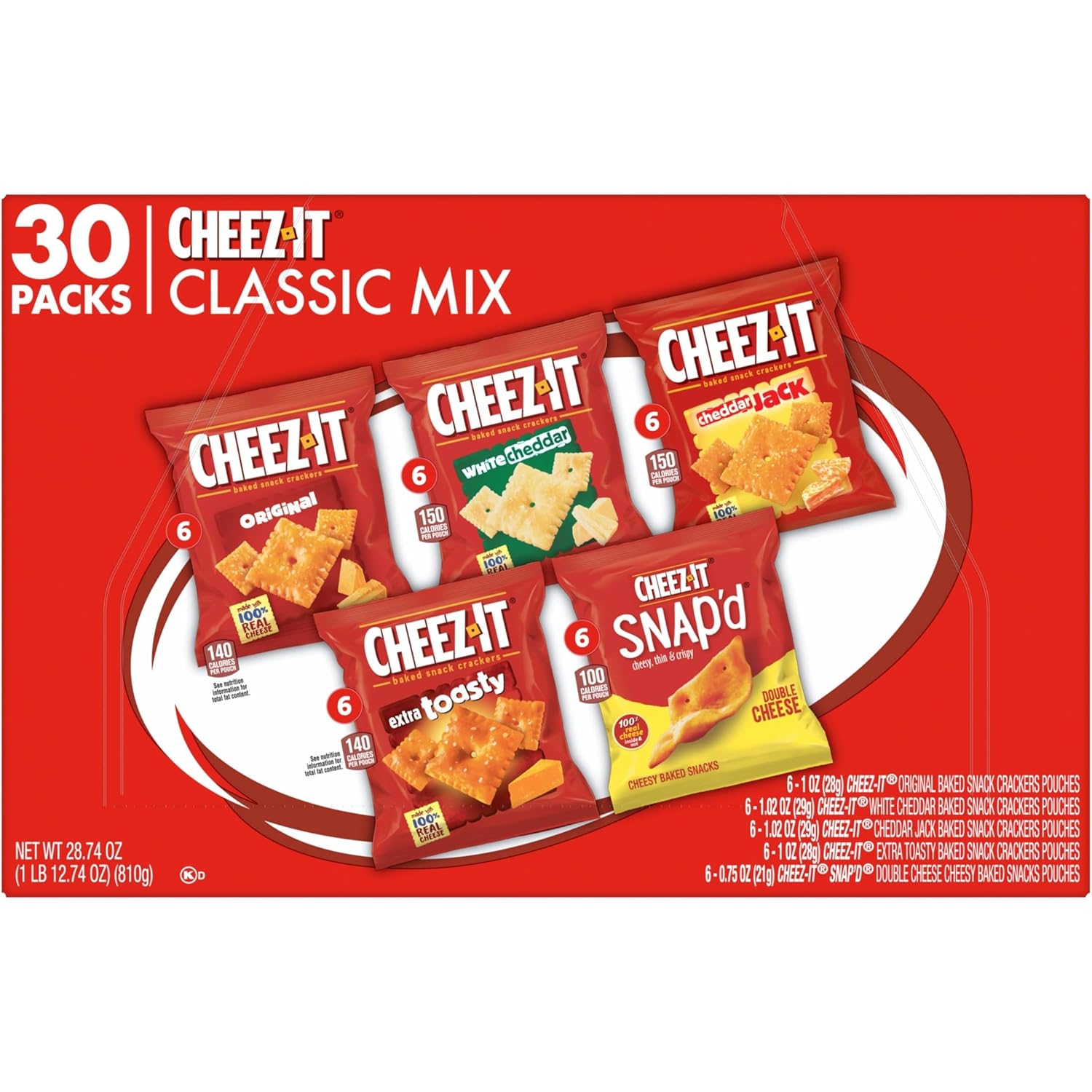 Cheez-It Original, Extra Toasty, Cheddar Jack, White Cheddar, and Cheez-It Snap'd Double Cheese Baked Snack Crackers Variety Pack, 28.74oz Box (30 Packs)