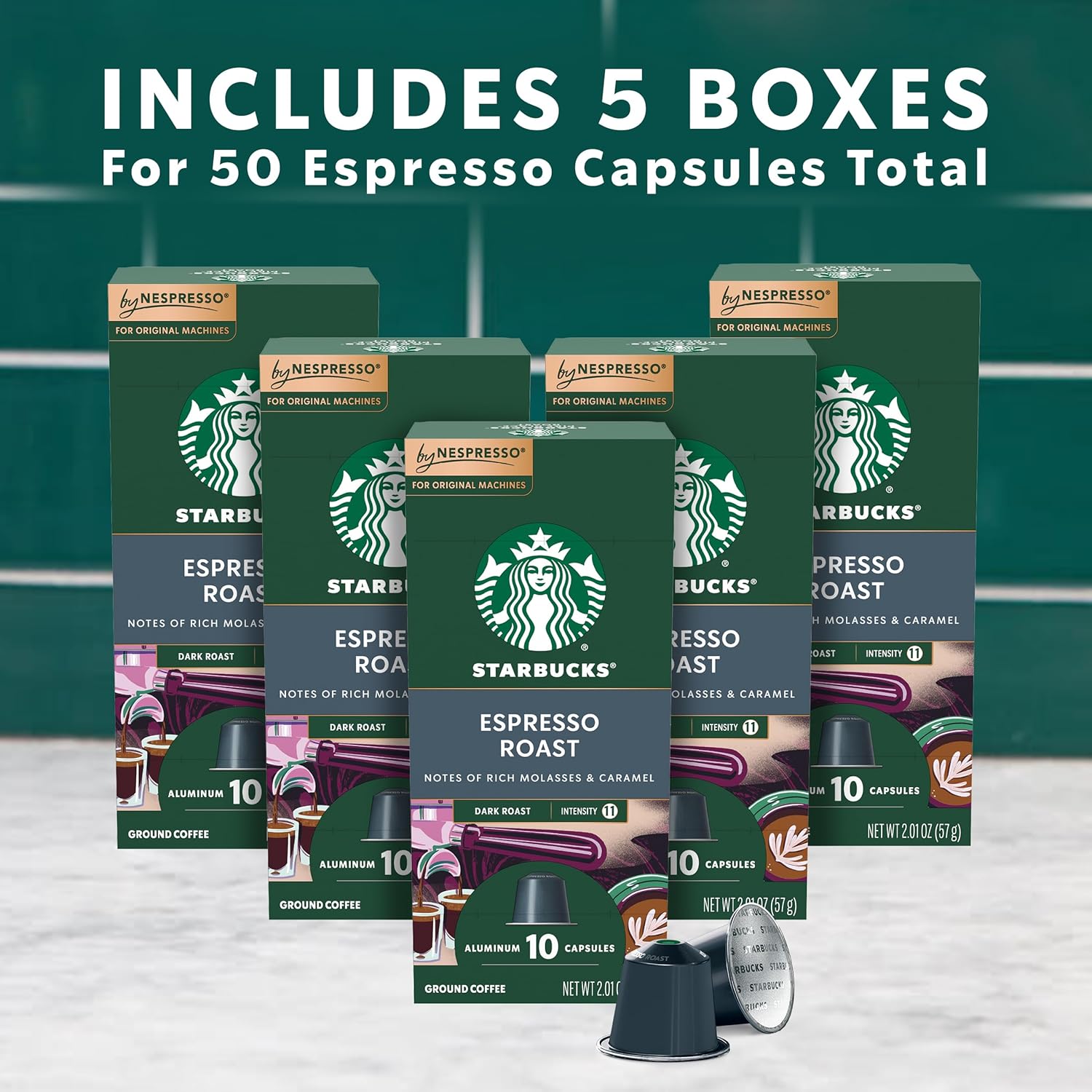 Starbucks Dark Roast Espresso, 50-count pods, Nespresso Original Line, compatible with Essenza Mini, Pixie, CitiZ, Expert, Lattissima, KitchenAid, Creatista