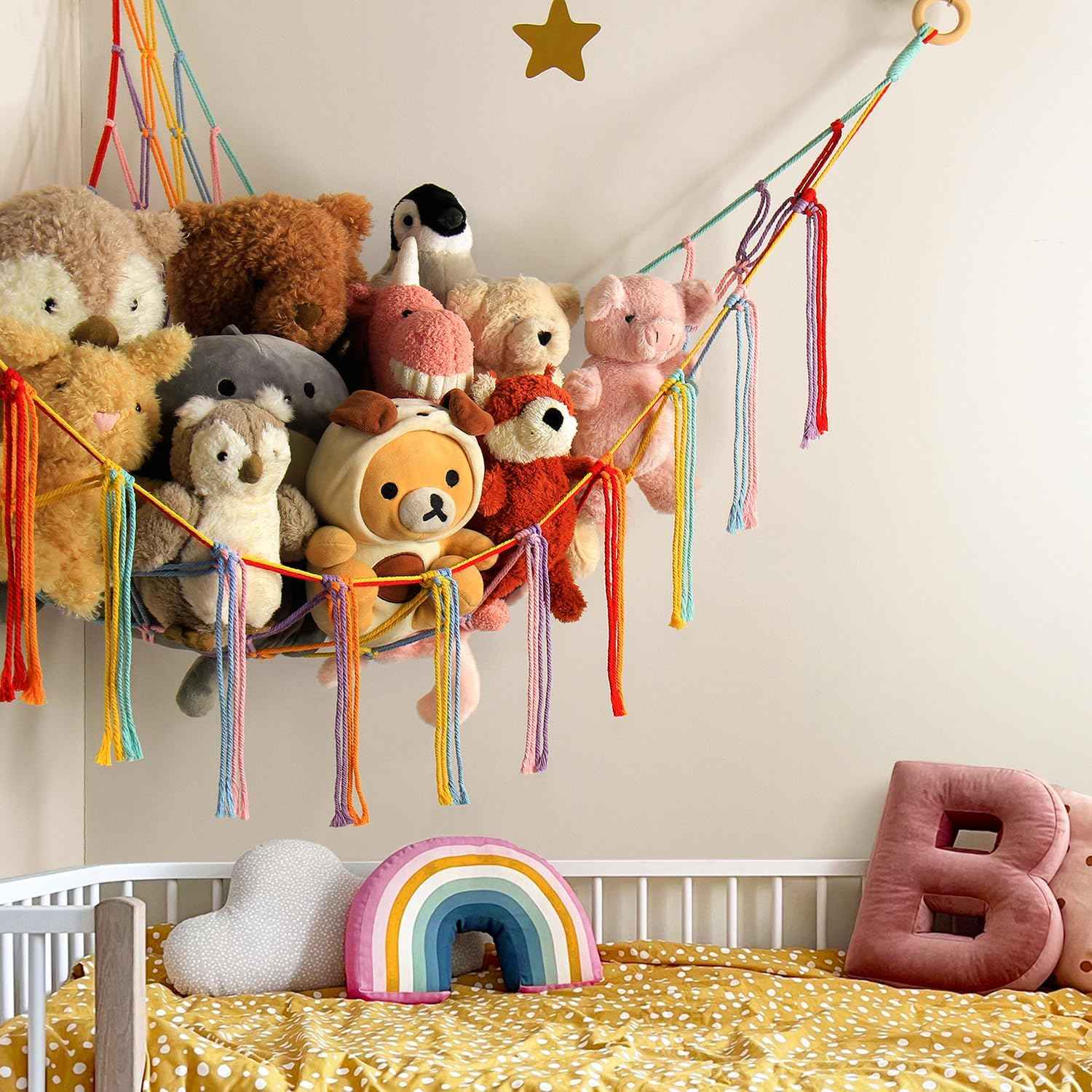 Stuffed Animal Hammock Corner Storage Net Cute Preppy Trendy Stuff Gifts for Teen Girls Baby Room Living Room House Wall Nursery Decor Rainbow Color Colorful Unicorn Hanging Organizers Organization