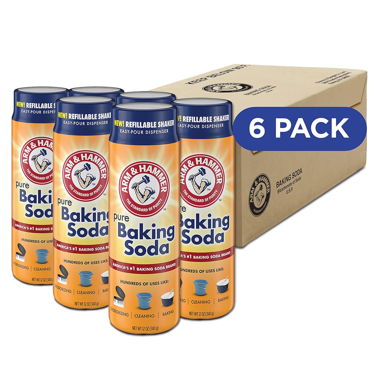 Arm & Hammer Pure Baking Soda Shaker, 12 Oz, Pack of 6, Free-Flowing Granules, Water-Resistant Container