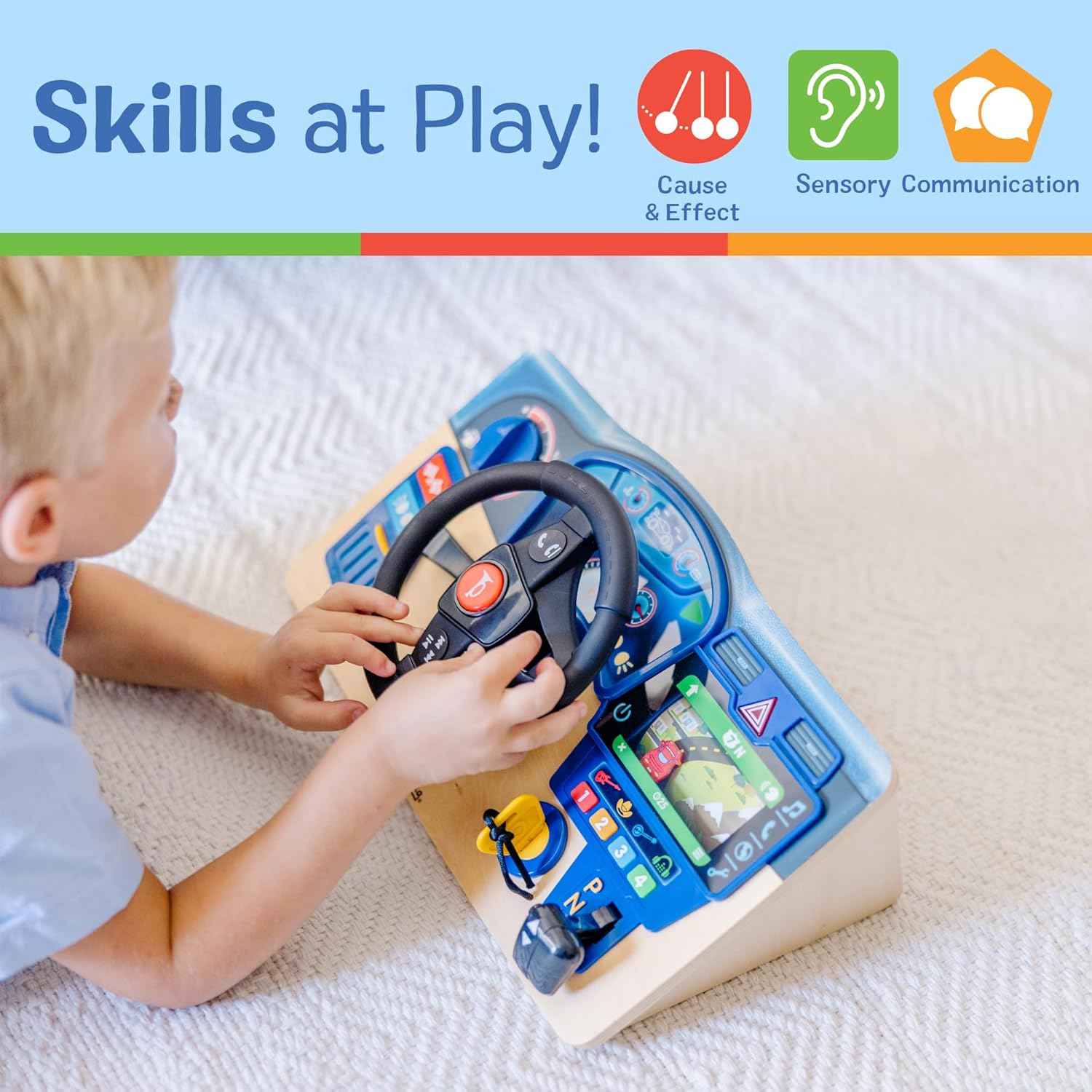 Melissa & Doug Vroom & Zoom, Interactive Wooden Dashboard, Racing Car Steering Wheel Toy, Lights & Sounds, Preschool Learning Toys for Girls & Boys 3+ - FSC Certified