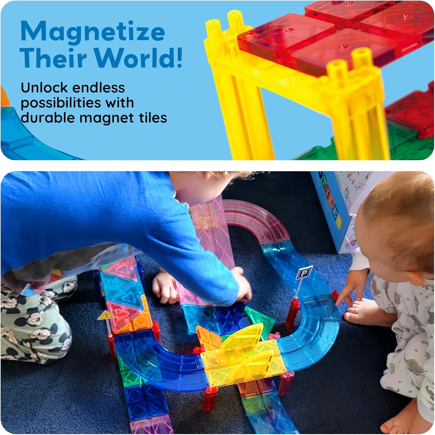 PicassoTiles Race Track Magnetic Tiles Car Toy Fun Playset Includes 2 Racing Trucks Racecars STEM Educational Magnet Building Block Construction Set for Toddlers Boys Girls Ages 3 and Older PTR30