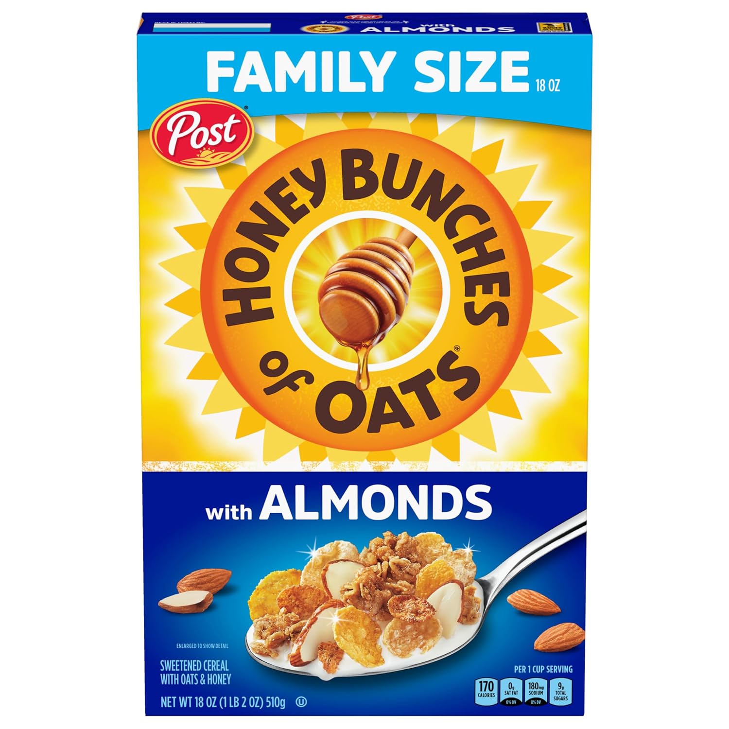 Post honey bunches of oats with almonds breakfast cereal, 18 oz family size box, whole grains, vitamins and minerals