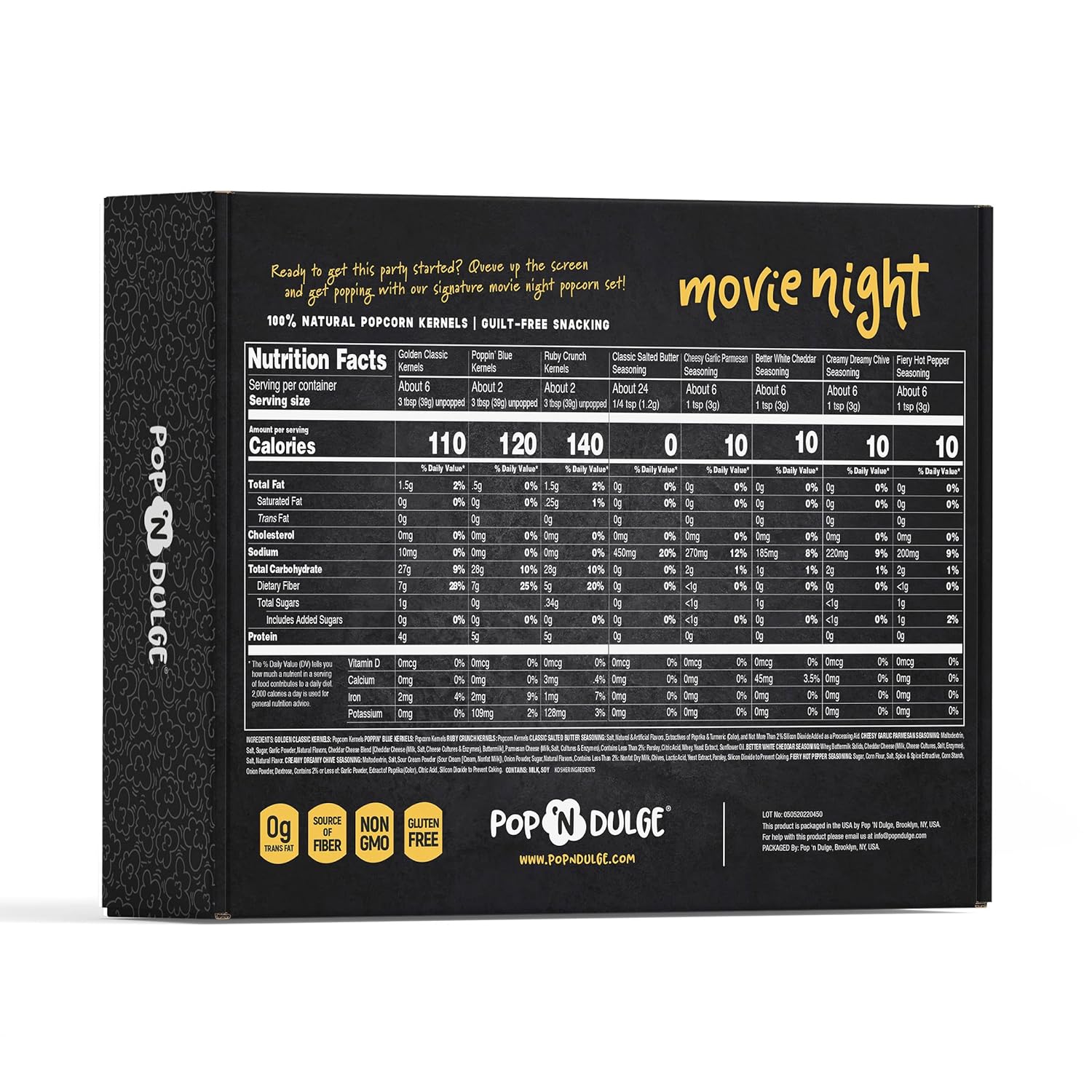 Pop n' Dulge popcorn movie night gift set with 5 gourmet kernels and 5 seasoning packs - 16 piece non-GMO kosher snacks