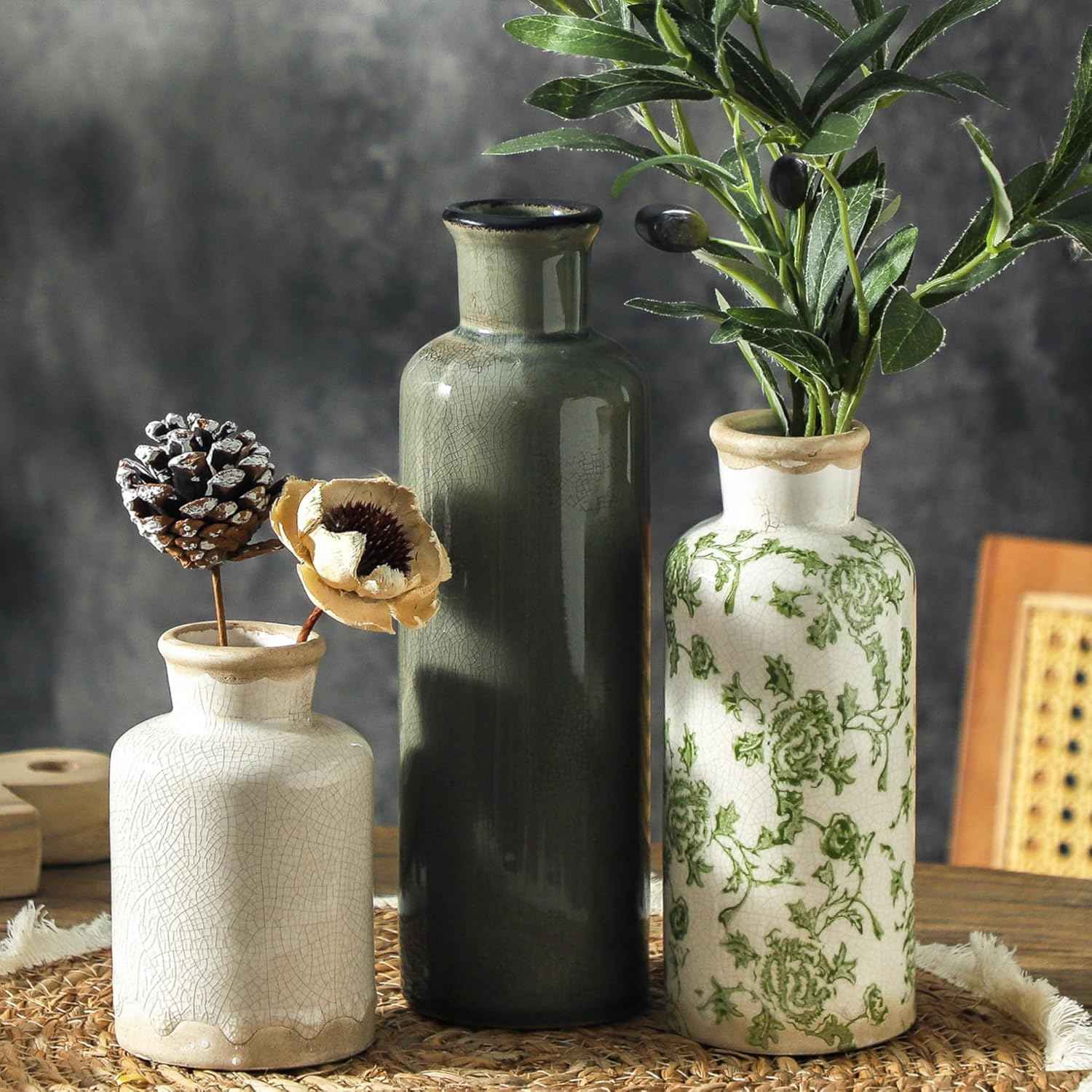 Ceramic Vase Set of 3, Neutral Flower Vases Home Decor, Pottery Rustic Farmhouse Decorative Vases Modern Decor for Table Mantel Entryway Bookshelf Living Room Kitchen Bedroom - Brown
