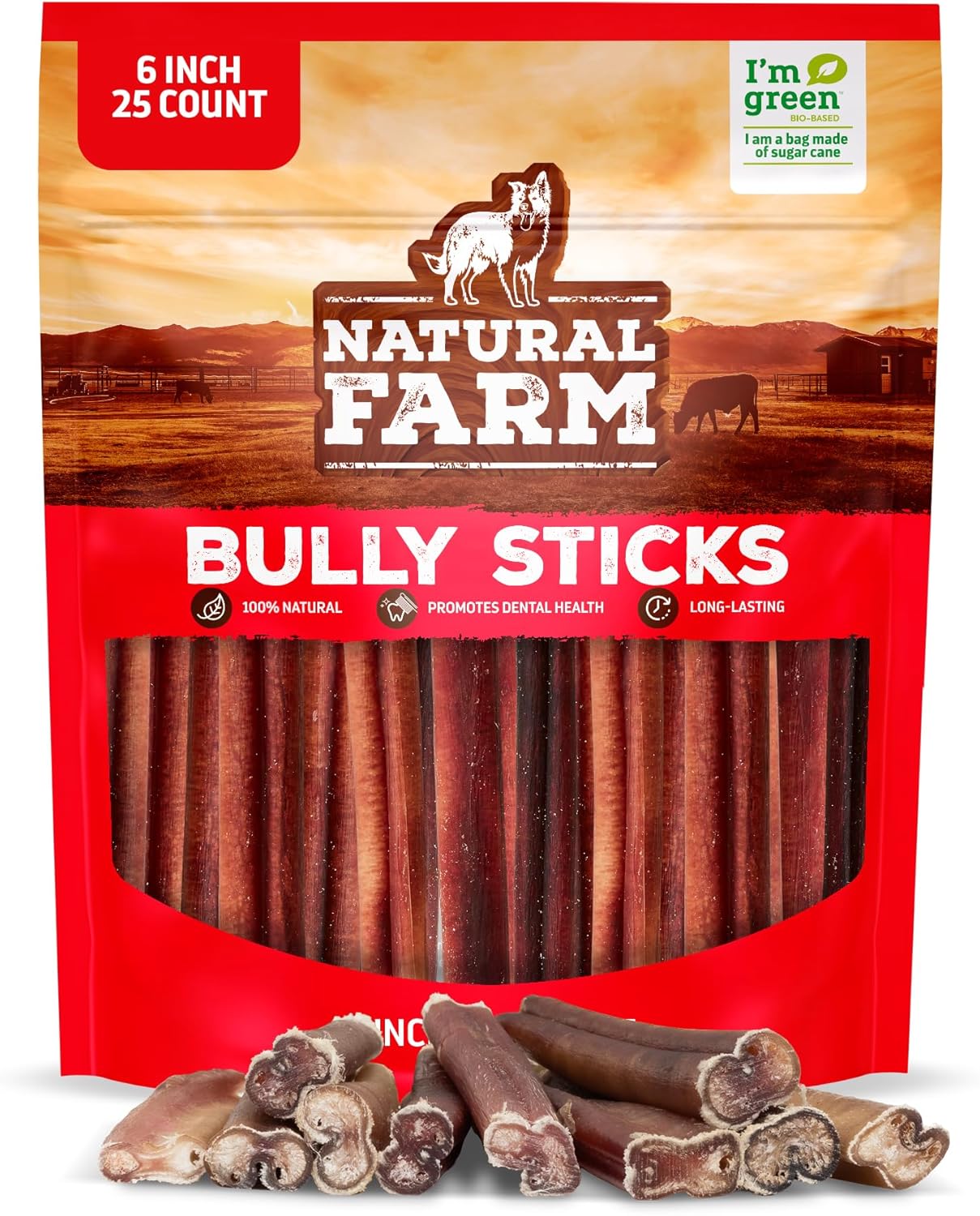 Natural Farm Odor-Free Bully Sticks 6 Inch 25 Count 100% Beef Pizzle Chews Grass-Fed Non-GMO Grain-Free