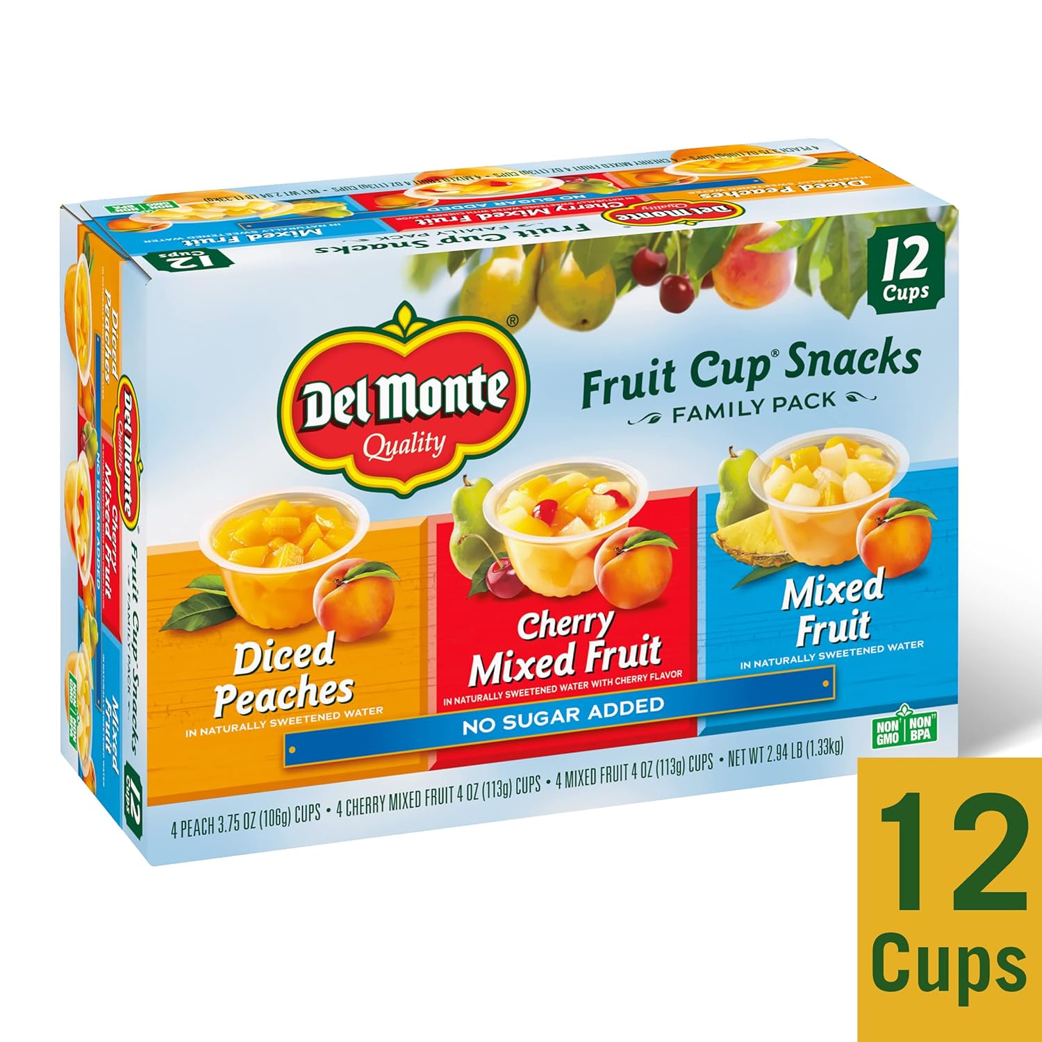 del monte fruit cup snacks, family pack, no sugar added, 12-pack, 4 oz variety pack