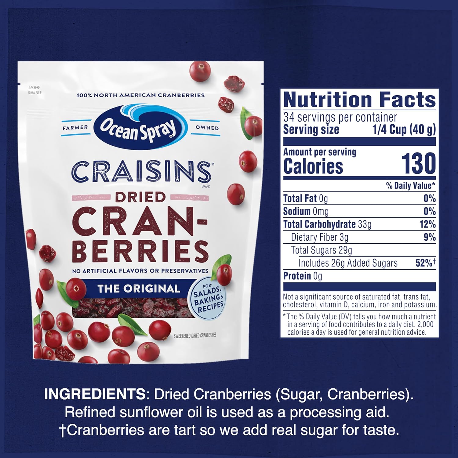 ocean spray craisins original dried cranberries, 48 oz, peanut-free and gluten-free, 100% natural