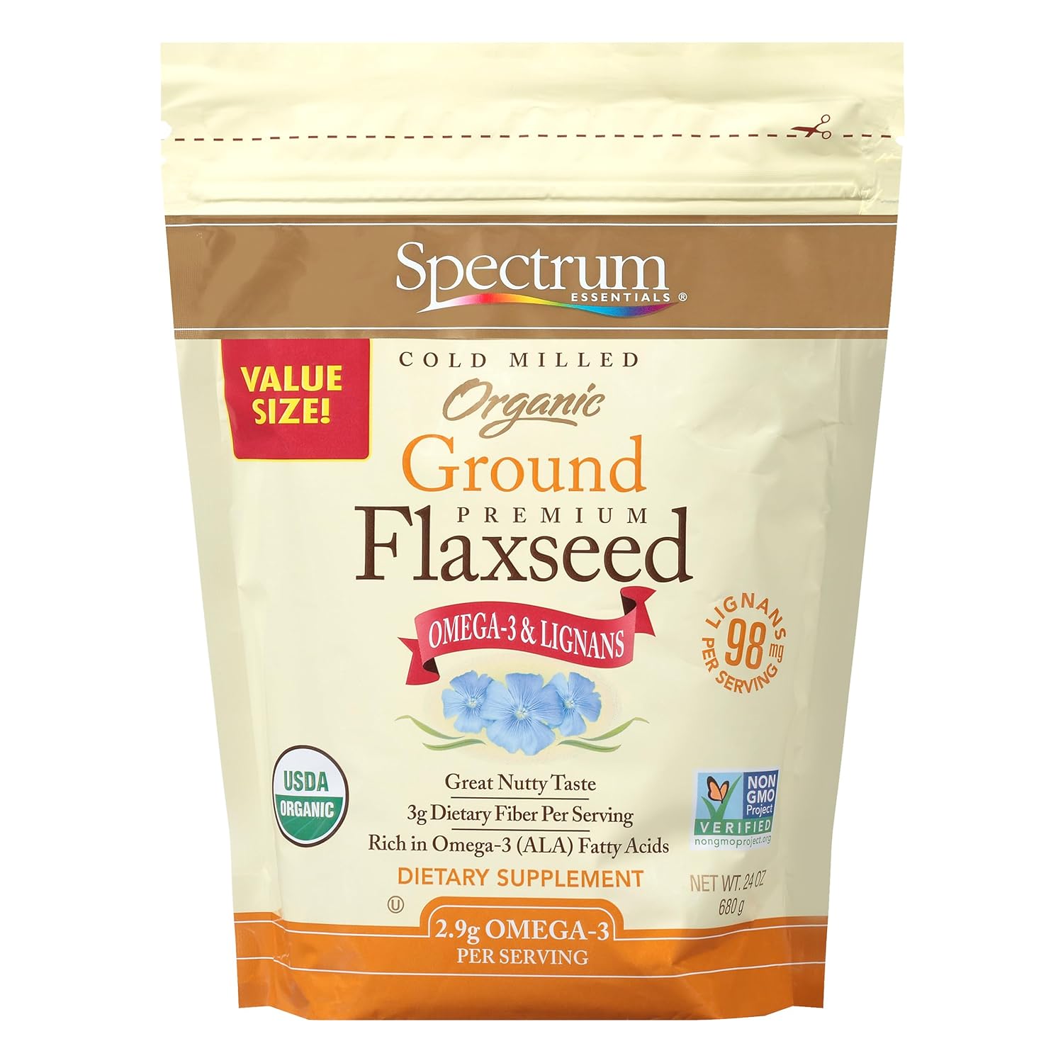 Spectrum Essentials 24 Oz Organic Ground Flaxseed, Gluten Free, Non-GMO and High in Omega-3 ALA Fatty Acids