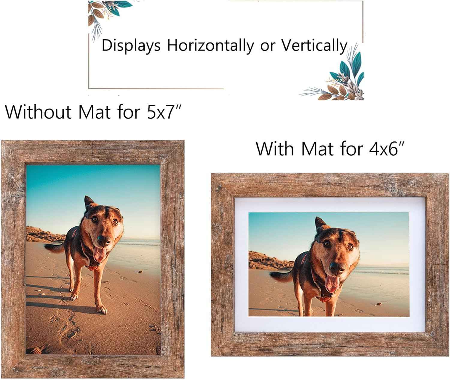 Califortree 5x7 Picture Frame - Can Display Photo 4x6 with Mat, Wood Frame with Shatterproof Plexiglass, Horizontal and Vertical Display for Wall and Tabletop, Rustic Brown