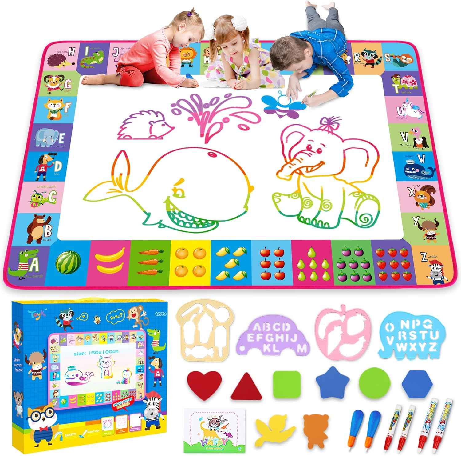 Water Doodle Mat - Kids Painting Writing Color Doodle Drawing Mat Toy Bring Magic Pens Educational Toys for Age 3 4 5 6 7 Year Old Girls Boys Age Toddler Gift