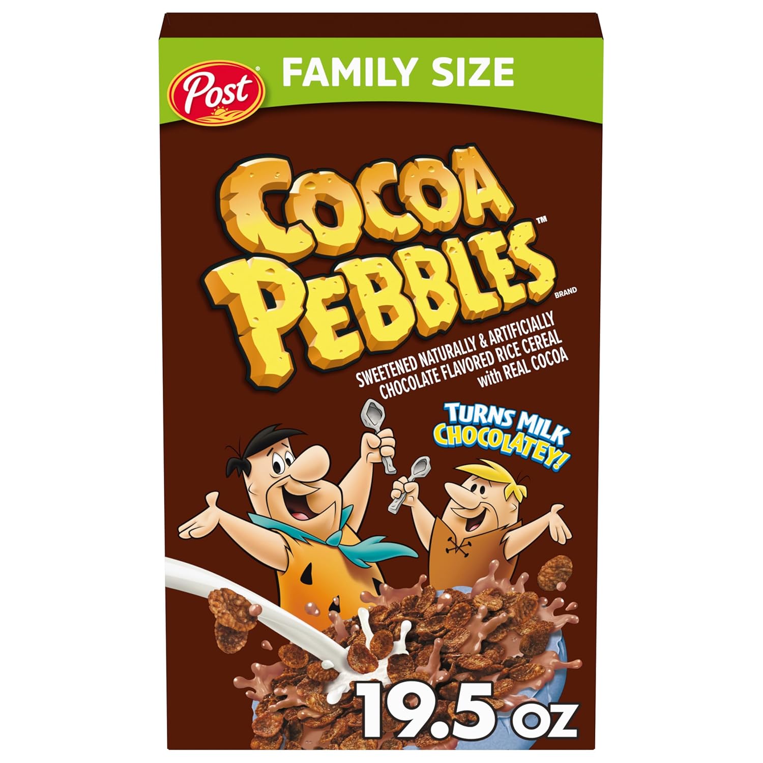 post cocoa pebbles chocolatey kids crunch 19.5 oz family size cereal box gluten free
