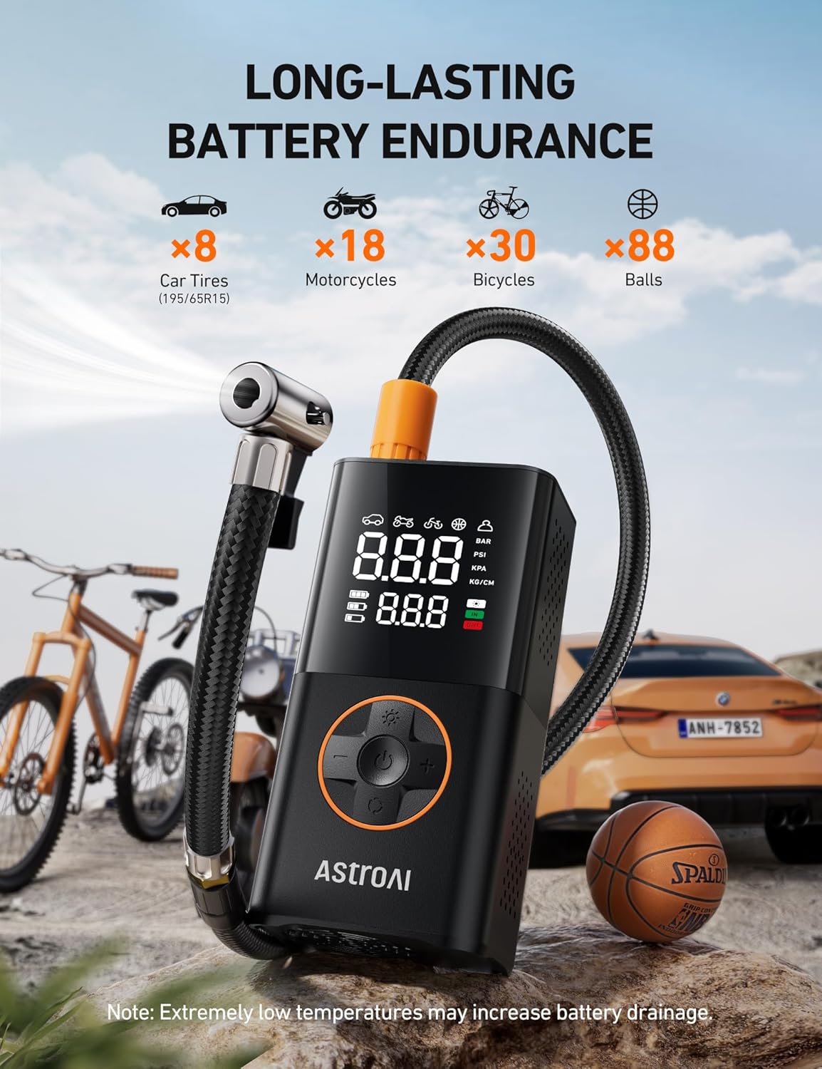 AstroAI L7 Tire Inflator Portable Air Compressor Cordless Mini Bike Pump with Digital Dual Values Display, 150 PSI Car Tires Air Pump with LED Lights&Pressure Gauge for Auto, Motorcycles, Bikes, Balls