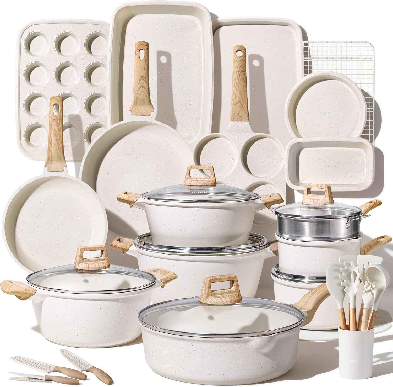 CAROTE 21Pcs Pots and Pans Set, Nonstick Cookware Sets, White Granite Induction Cookware Non Stick Cooking Set w/Frying Pans & Saucepans(PFOS, PFOA Free)