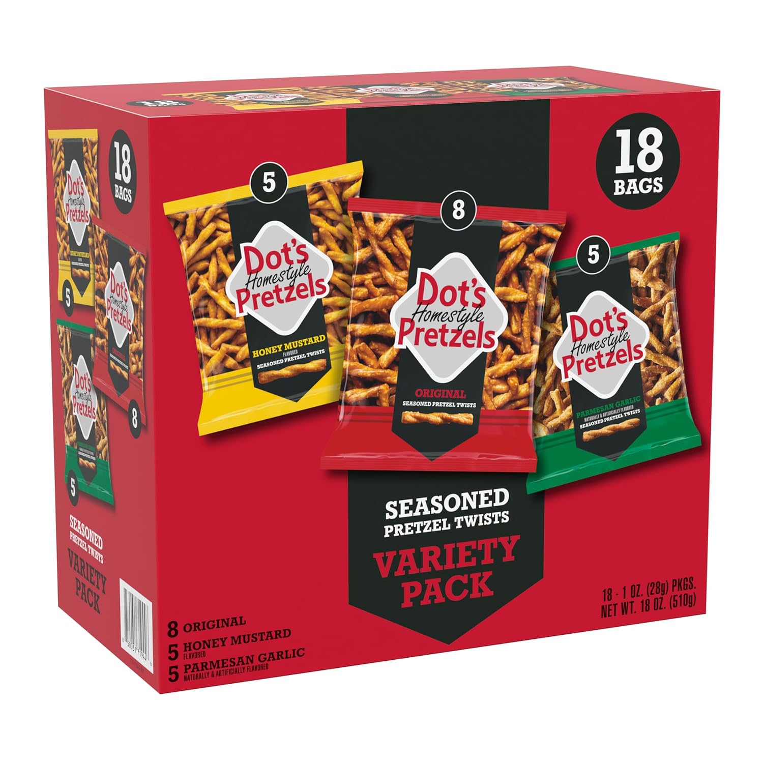 Dot's Homestyle Pretzels Variety Pack, 18-count, 1oz Individually Sized Bags, Original, Honey Mustard, and Parmesan Garlic Twist Snack