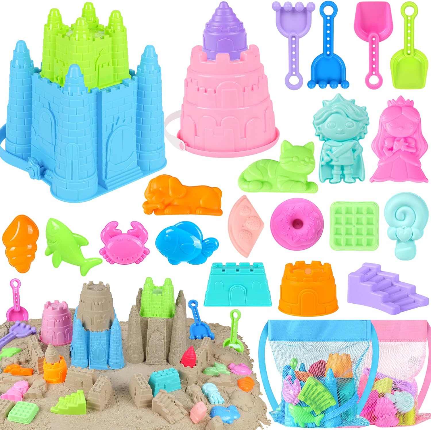 Beach Toys, Creative Sand Toys for Kids Boys and Girls, Sand Castle Building Kit with Stack Castle Buckets, Tools, Mesh Bags, Character Molds for Role Play, Outdoor Toys for Toddlers Kids Ages 3-10