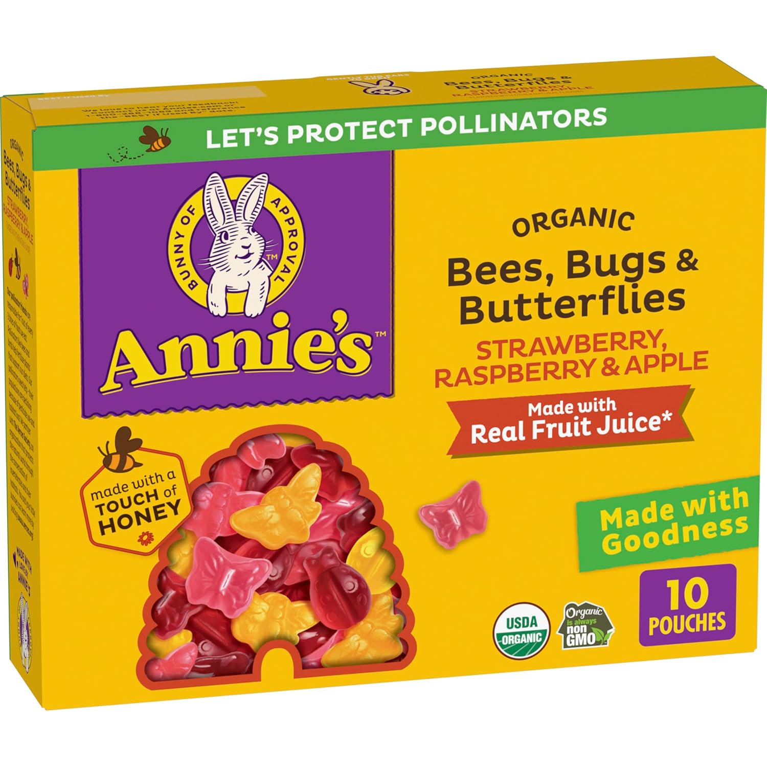 annie's organic bees, bugs, and butterflies fruit flavored snacks, 10 pouches, 7 oz, gluten-free, non-gmo, certified organic