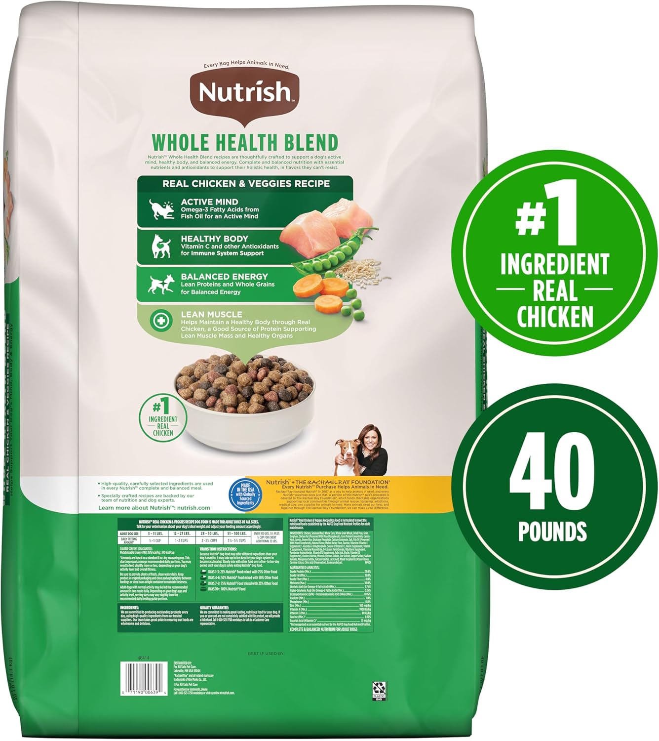 Rachael Ray Nutrish Dry Dog Food Real Chicken & Veggies Recipe Whole Health Blend, 40 lbs for Adult Dogs