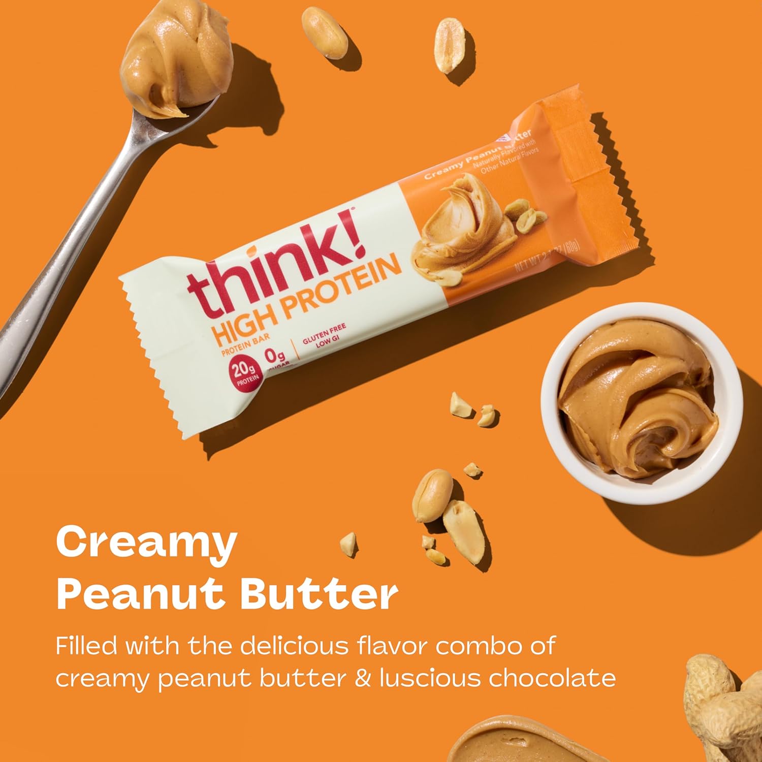 think! protein bars, high protein snacks, gluten-free, kosher-friendly, creamy peanut butter, 20g protein, 12-count pack