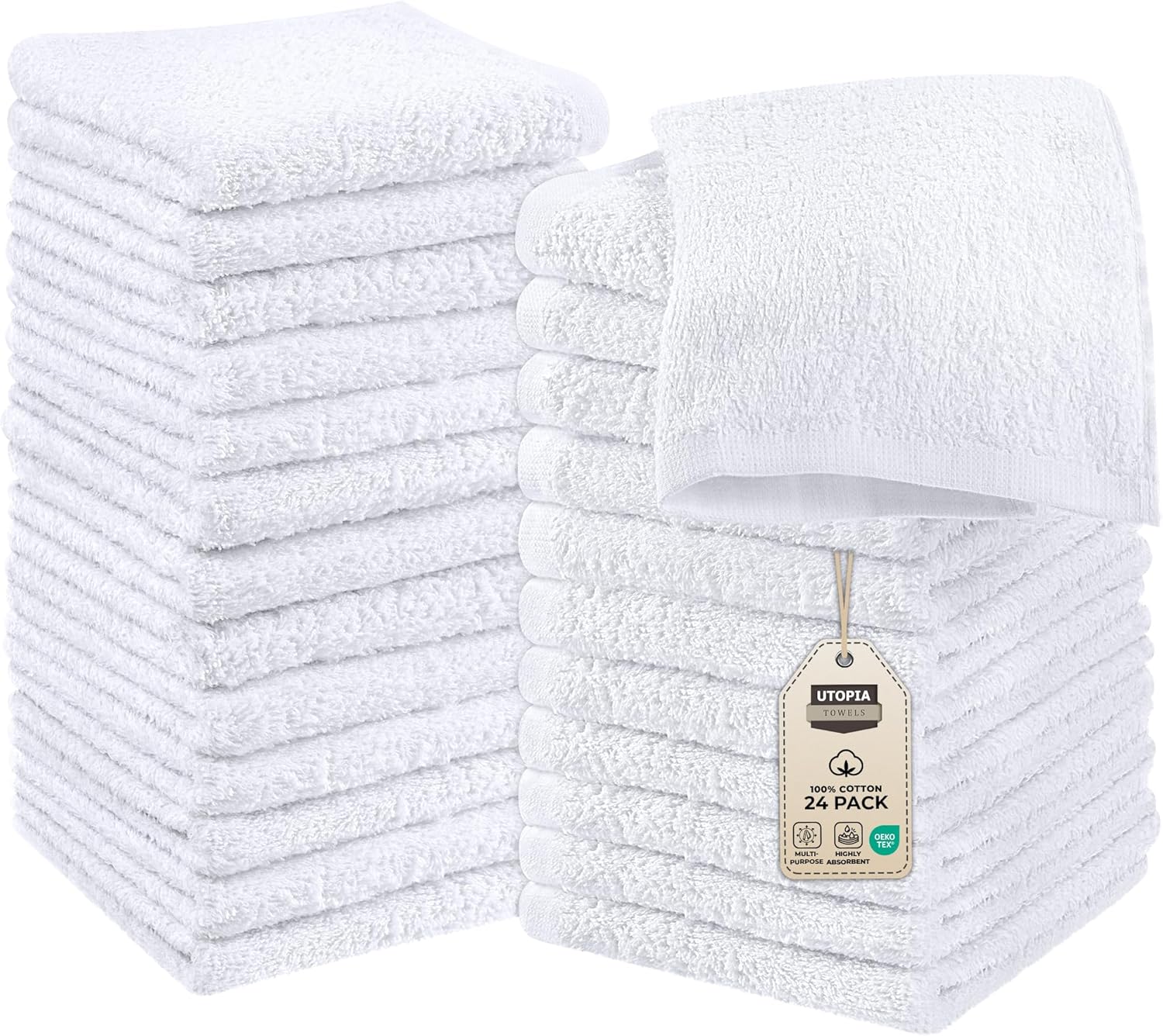 utopia 24 pack cotton washcloths set, 100% ring spun cotton, premium quality flannel face cloths, highly absorbent and soft feel fingertip towels, white