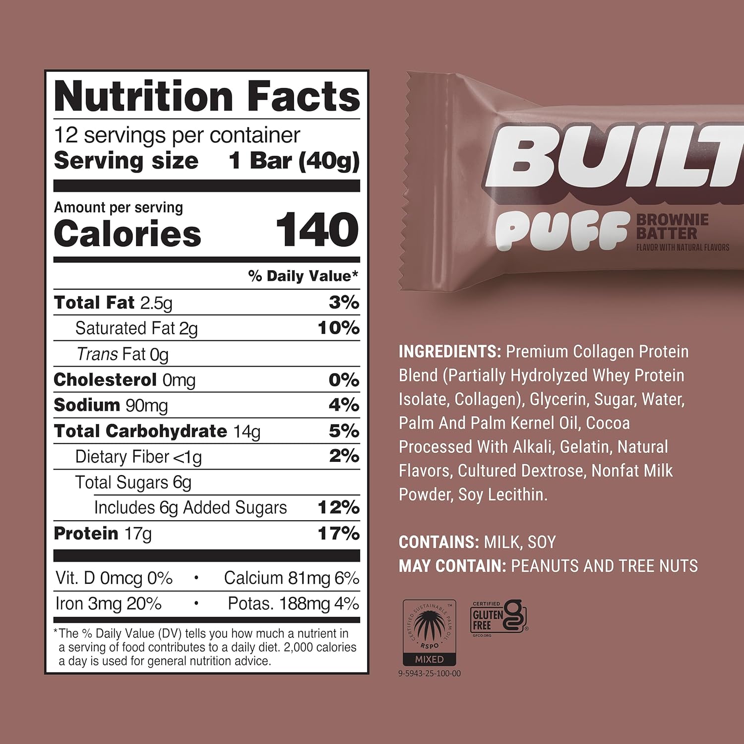 Built Bar, Brownie Batter Puff, 17g protein, 140 calories, gluten-free, 12 count