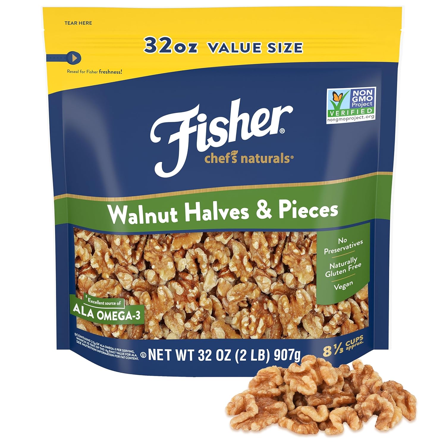 Fisher Chef's Naturals 2 lb unsalted walnuts for baking, cooking, and healthy snacks, resealable bag, vegan protein, keto snack, chopped nuts
