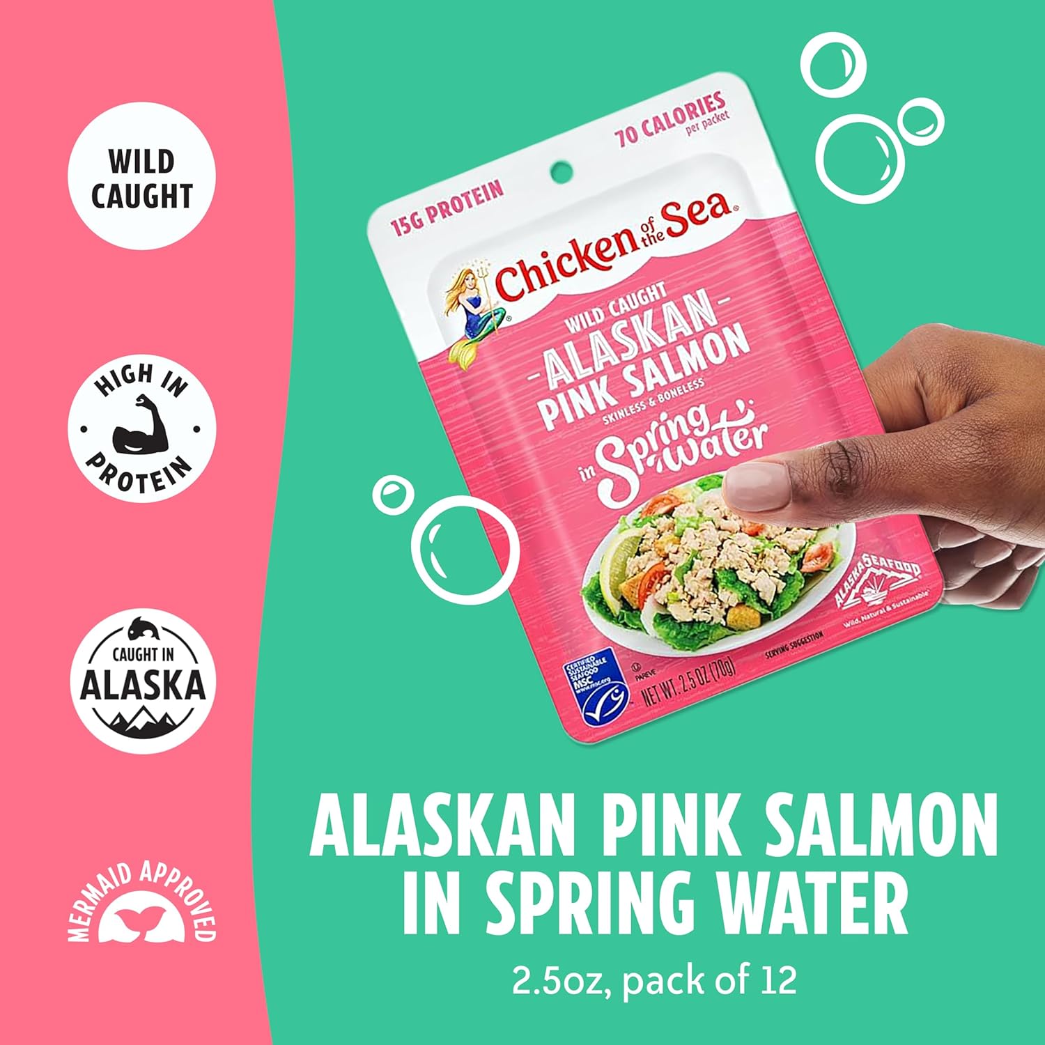 chicken of the sea alaskan pink salmon in spring water 2.5 ounce packets, wild caught, skinless & boneless, gluten-free, 12 count