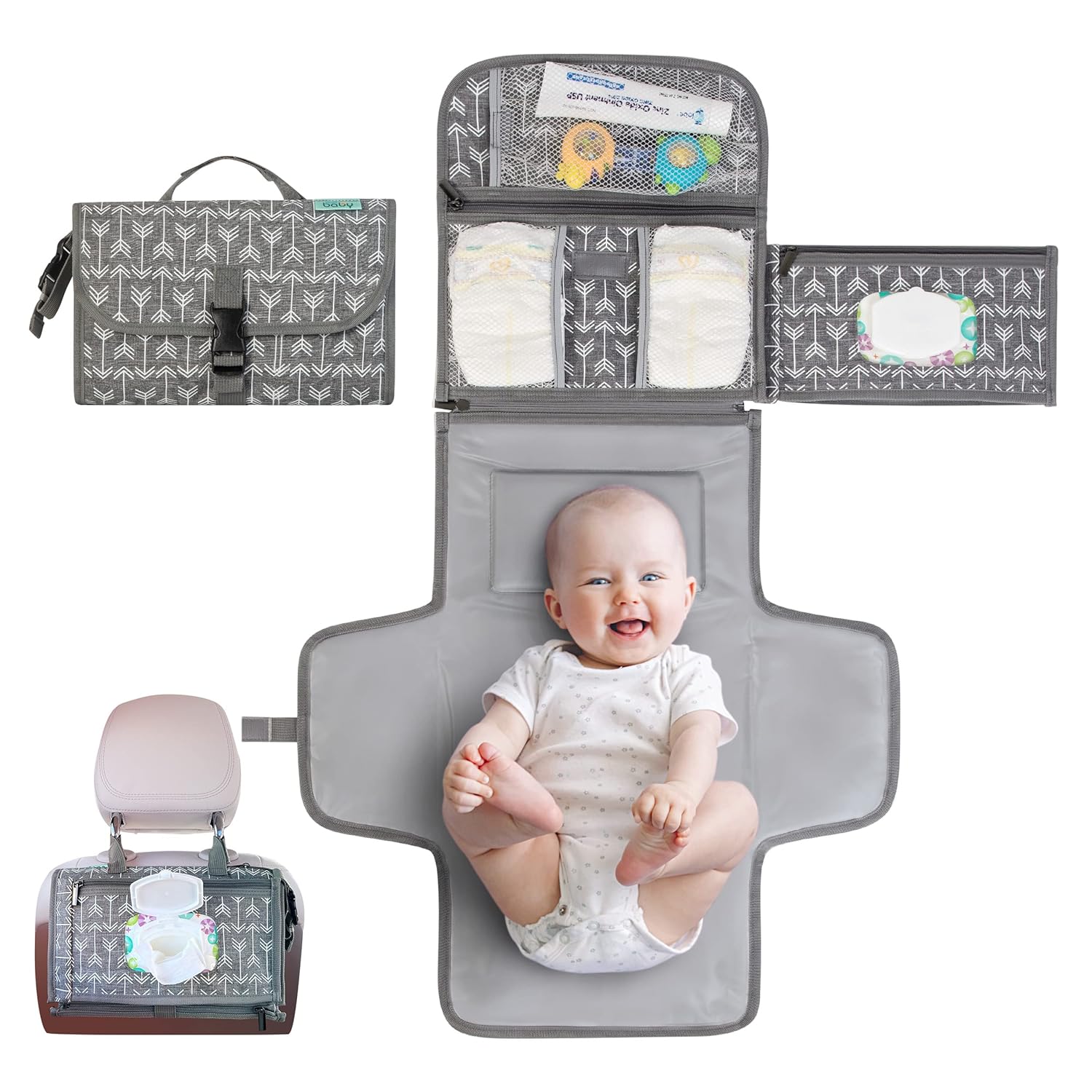 Kopi Baby Portable Diaper Changing Pad - Grey, Classic, 7.35 x 11.5 inches, Foldable, Infant Travel Station Kit, Newborn Gift