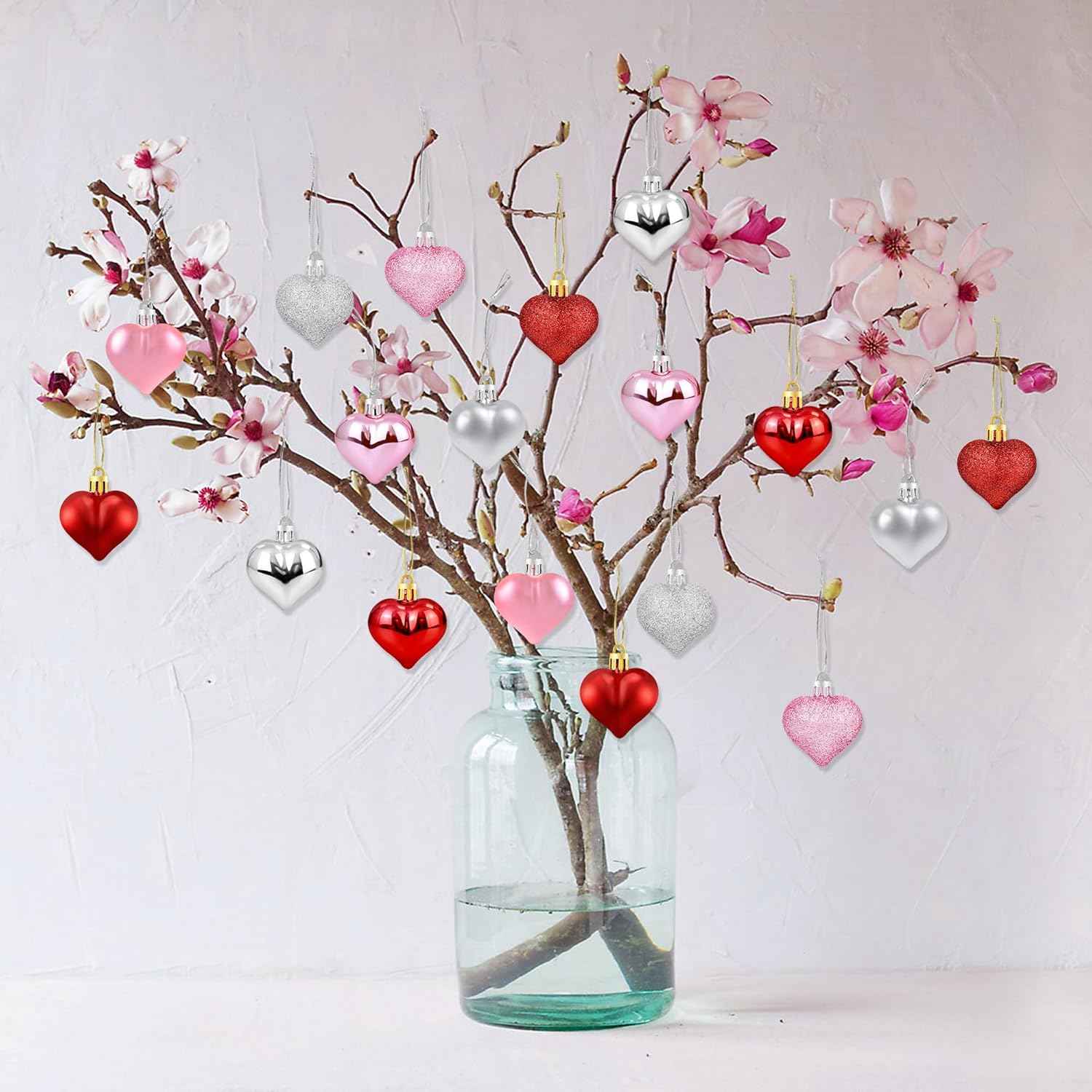 36Pcs Valentines Heart Shaped Ornaments - Valentines Heart Decorations - Red Pink Silver Glitter Heart Shaped Baubles - Romantic Christmas Valentines Tree Hanging Decorations