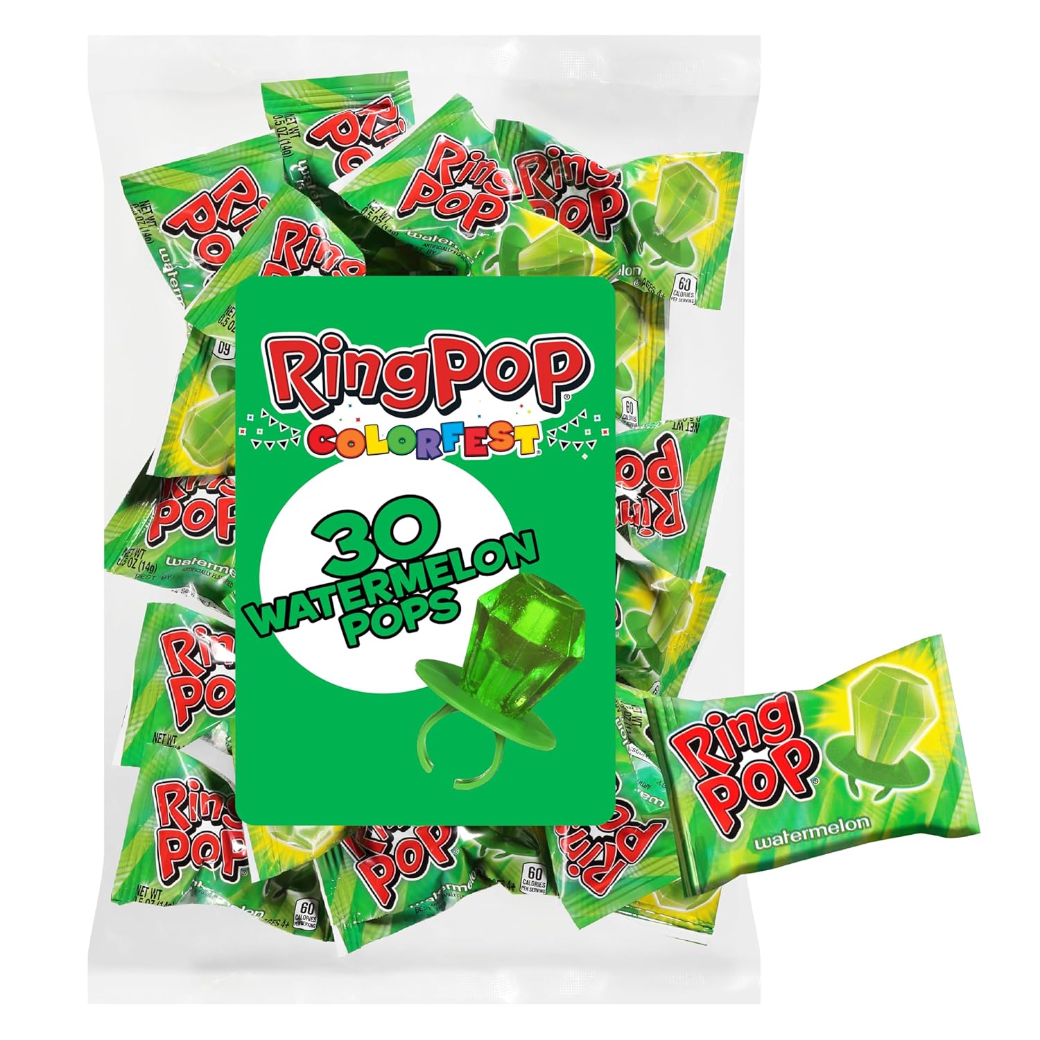 Ring Pop Green Watermelon Flavor Lollipops, 30ct Bulk Individually Wrapped, Fun St. Patrick's Day Party Favors