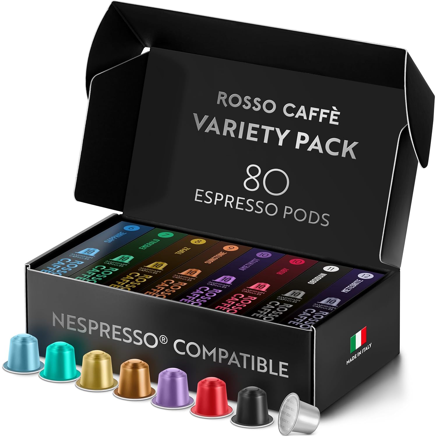 rosso caffè espresso coffee pods, 80 capsules, 8 signature flavors, made in italy, medium to dark roast
