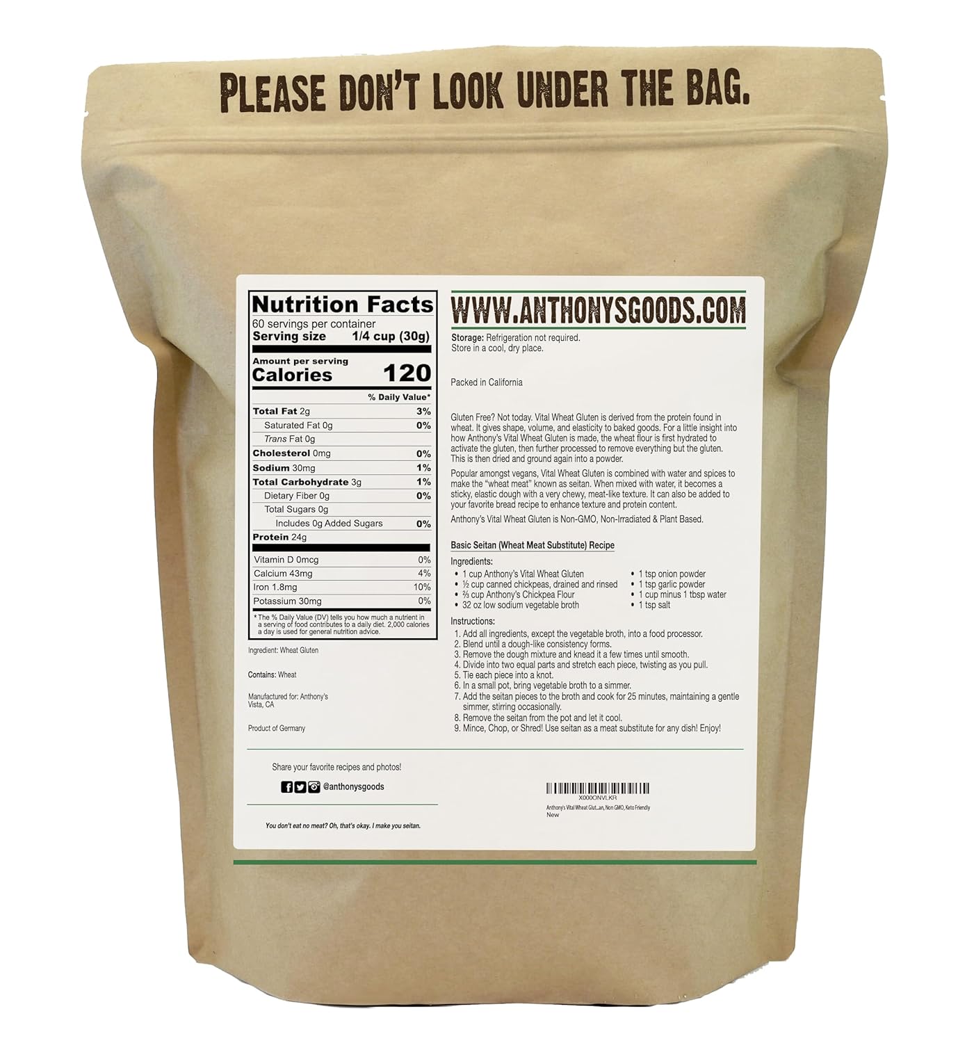 Anthony's 4 lb Vital Wheat Gluten, Vegan, Non GMO, Keto Friendly, Low Carb Flour