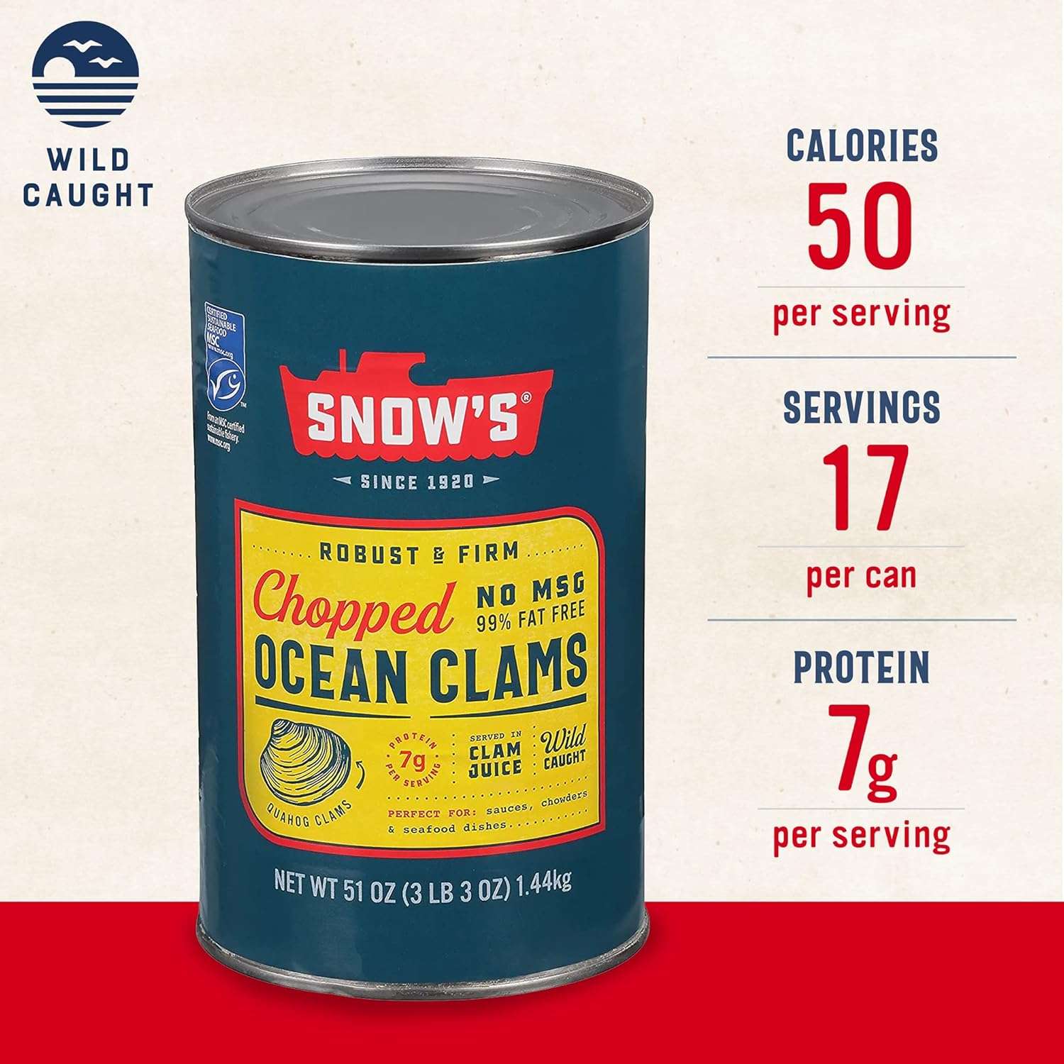 snow's ocean chopped clams can, 51 oz can, 7g protein, gluten free, no msg, 99% fat free, keto friendly