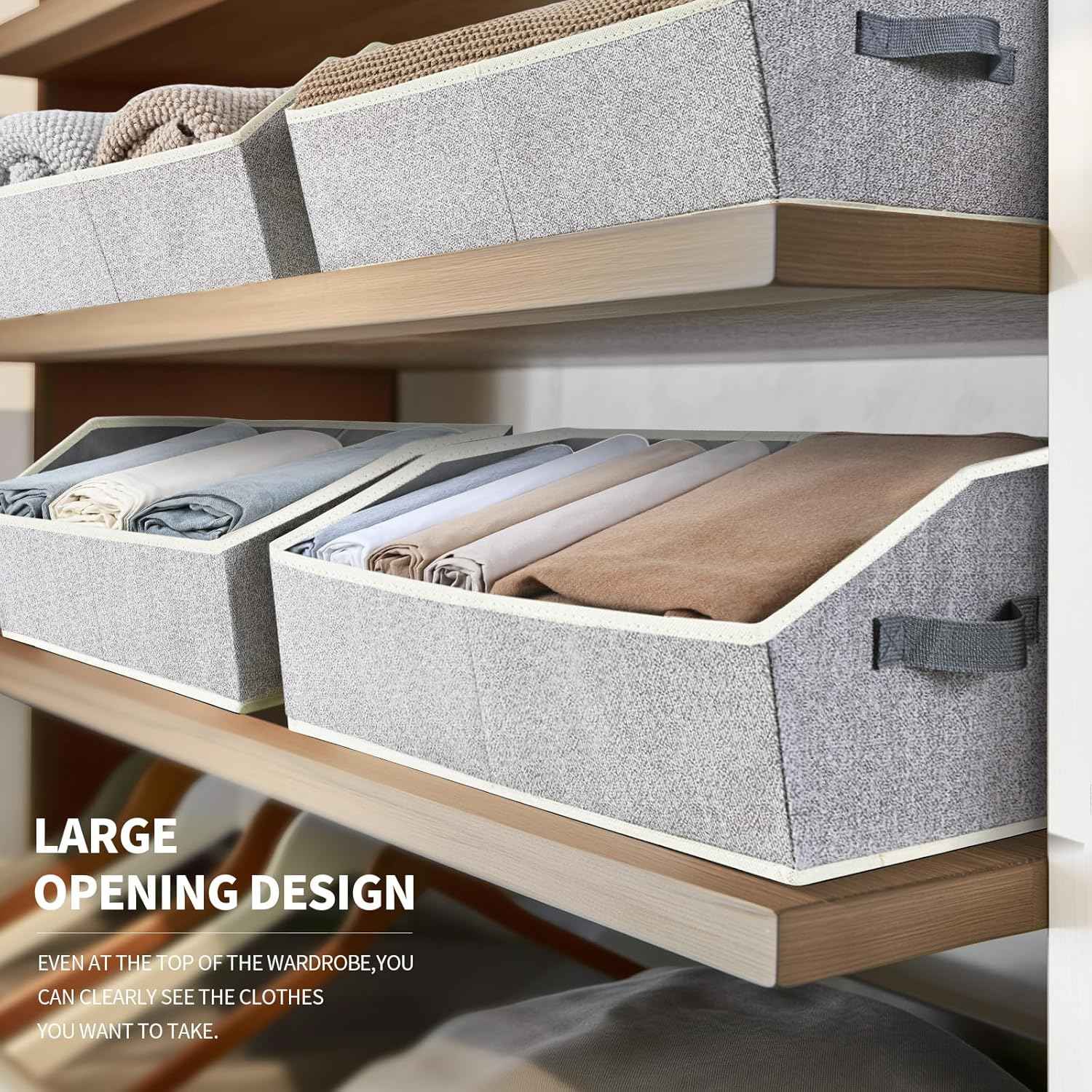 Closet Organizers Bins 6 Packs - Large Closet Shelf Organizer with Handles, Fabric Trapezoid Storage Bins, Collapsible Storage Cubes for Clothes, Towels, Light Gray