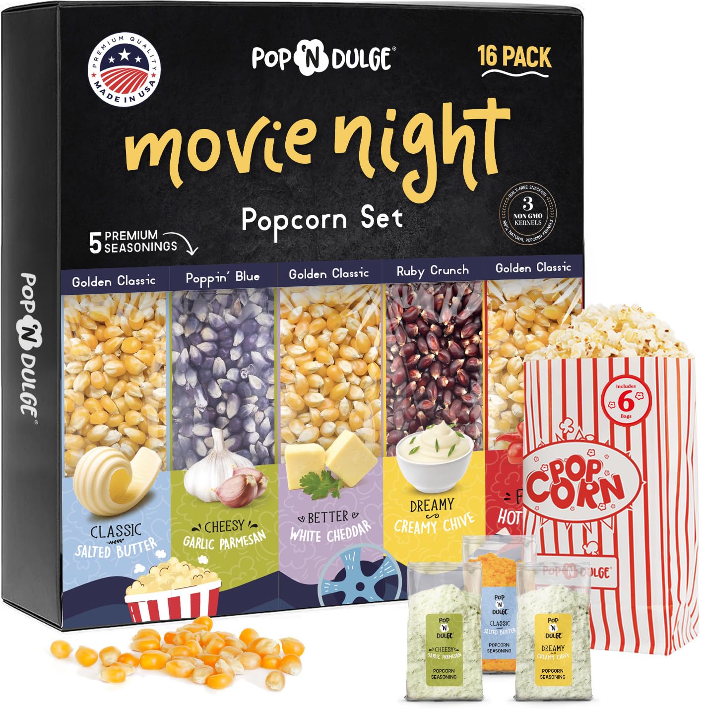 Pop n' Dulge popcorn movie night gift set with 5 gourmet kernels and 5 seasoning packs - 16 piece non-GMO kosher snacks