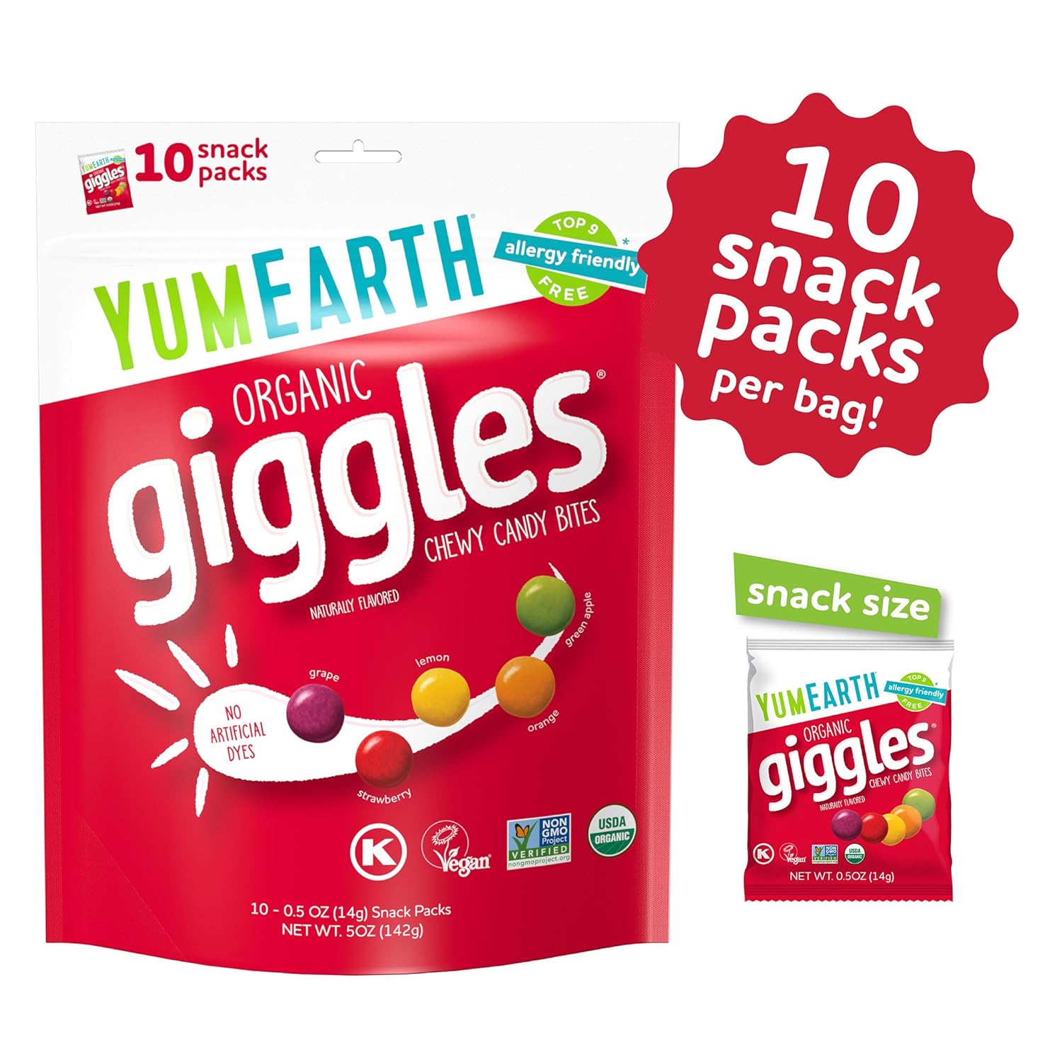 yumearth organic giggles 0.5 ounce allergy friendly candy pack of 10 individually wrapped