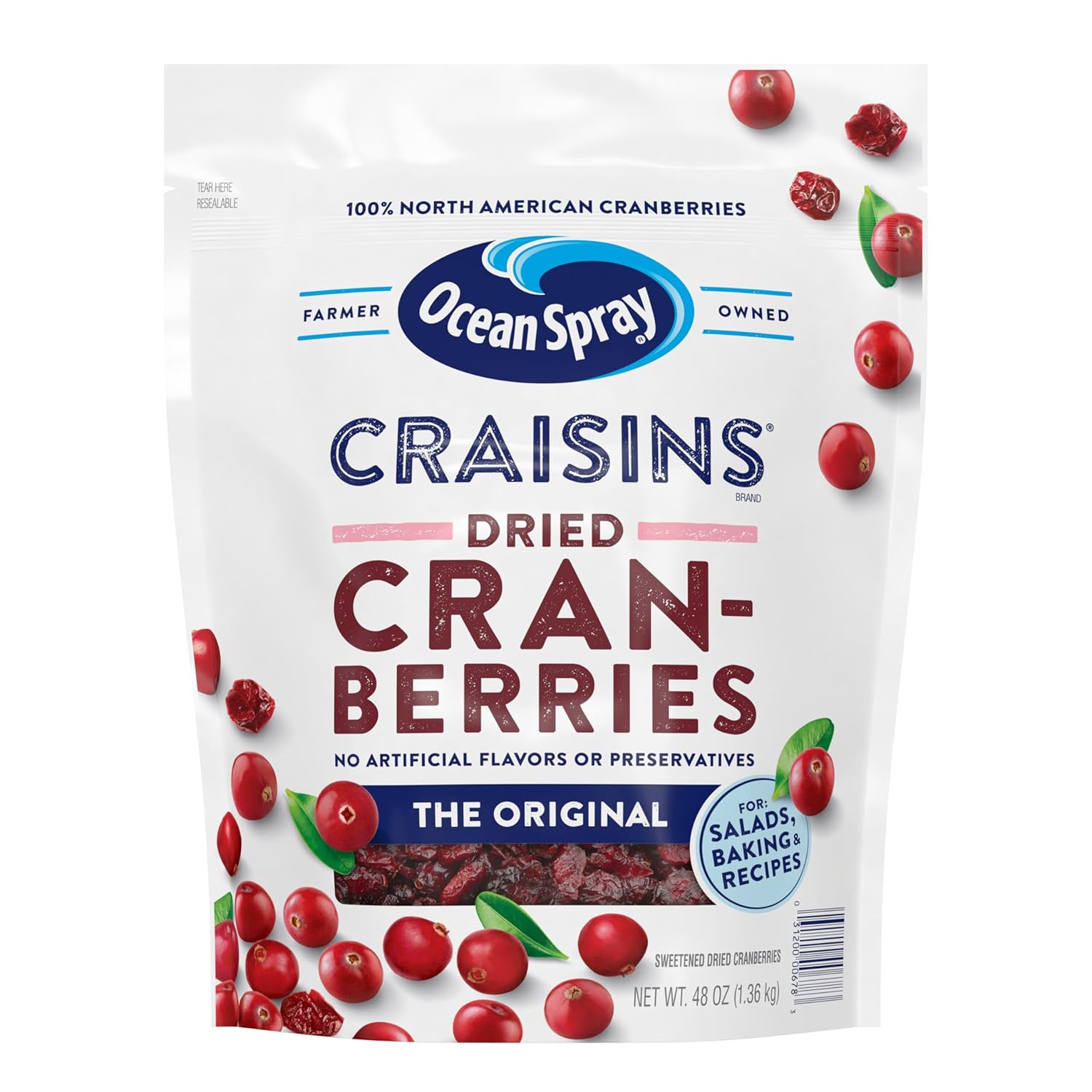 ocean spray craisins original dried cranberries, 48 oz, peanut-free and gluten-free, 100% natural
