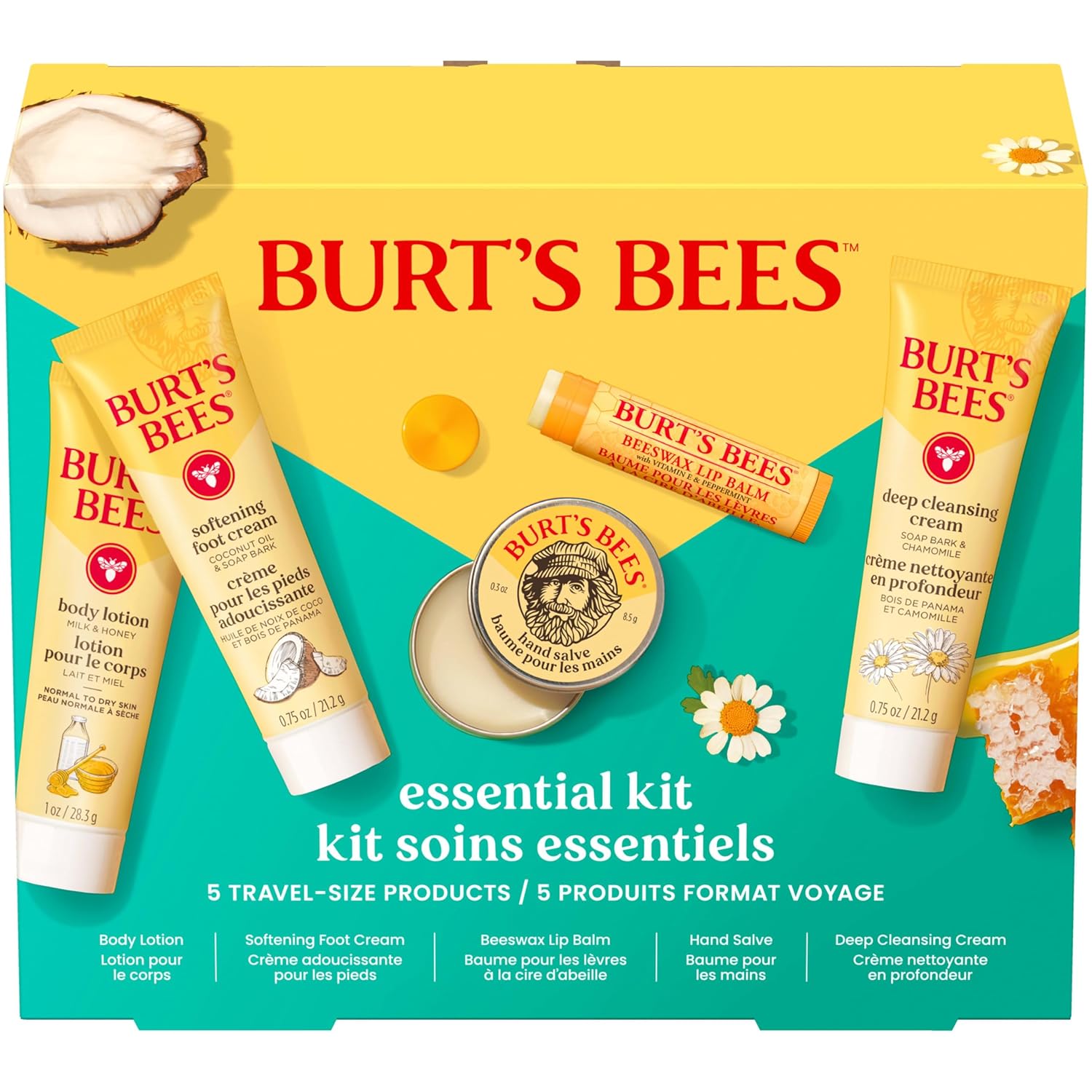 Burt's Bees essentials set with deep cleansing cream, hand salve, body lotion, foot cream, and lip balm - travel size