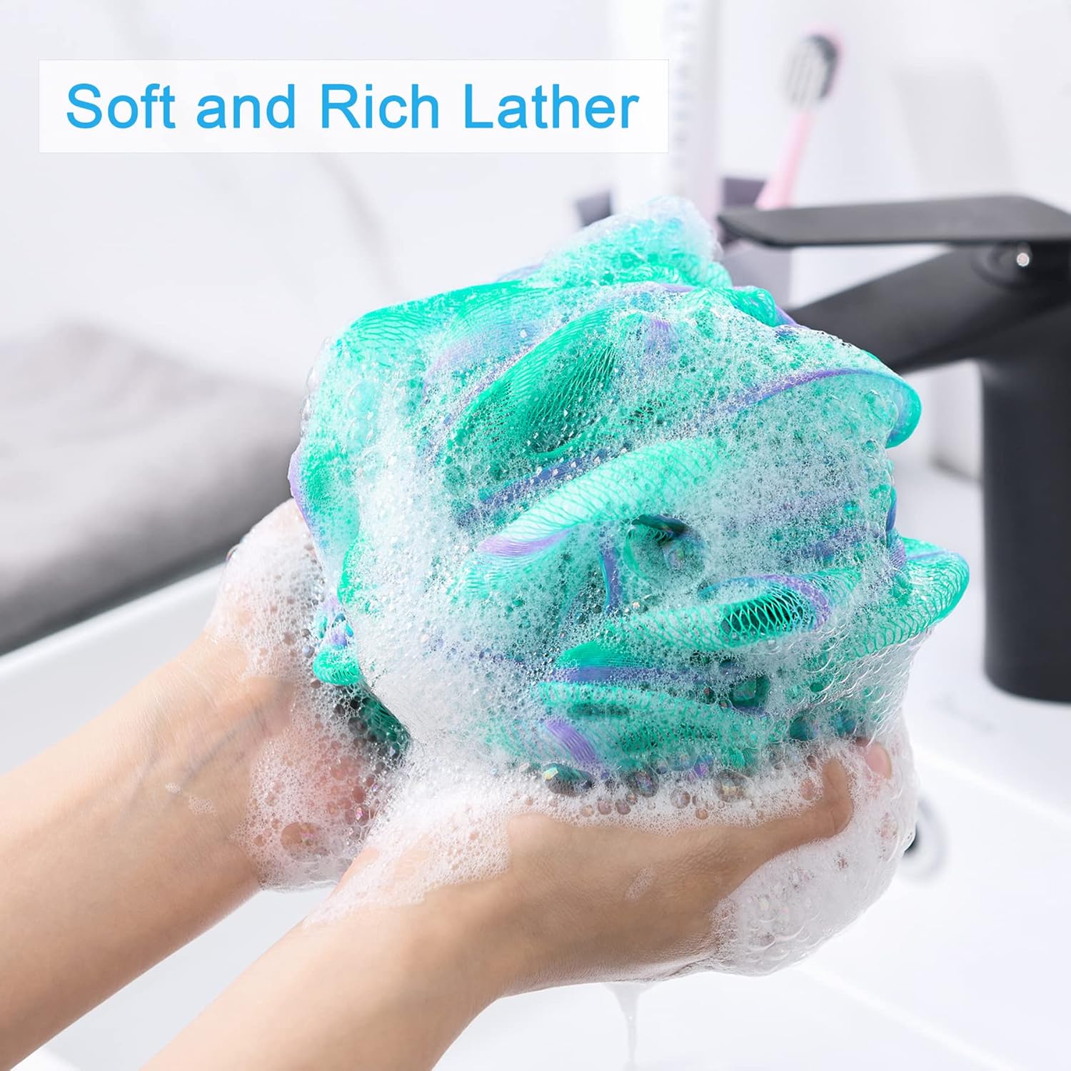 amazerbath loofah sponge 75g/piece, exfoliating bath sponge body scrubber, loofa set of 4 in flower color, large, green-purple